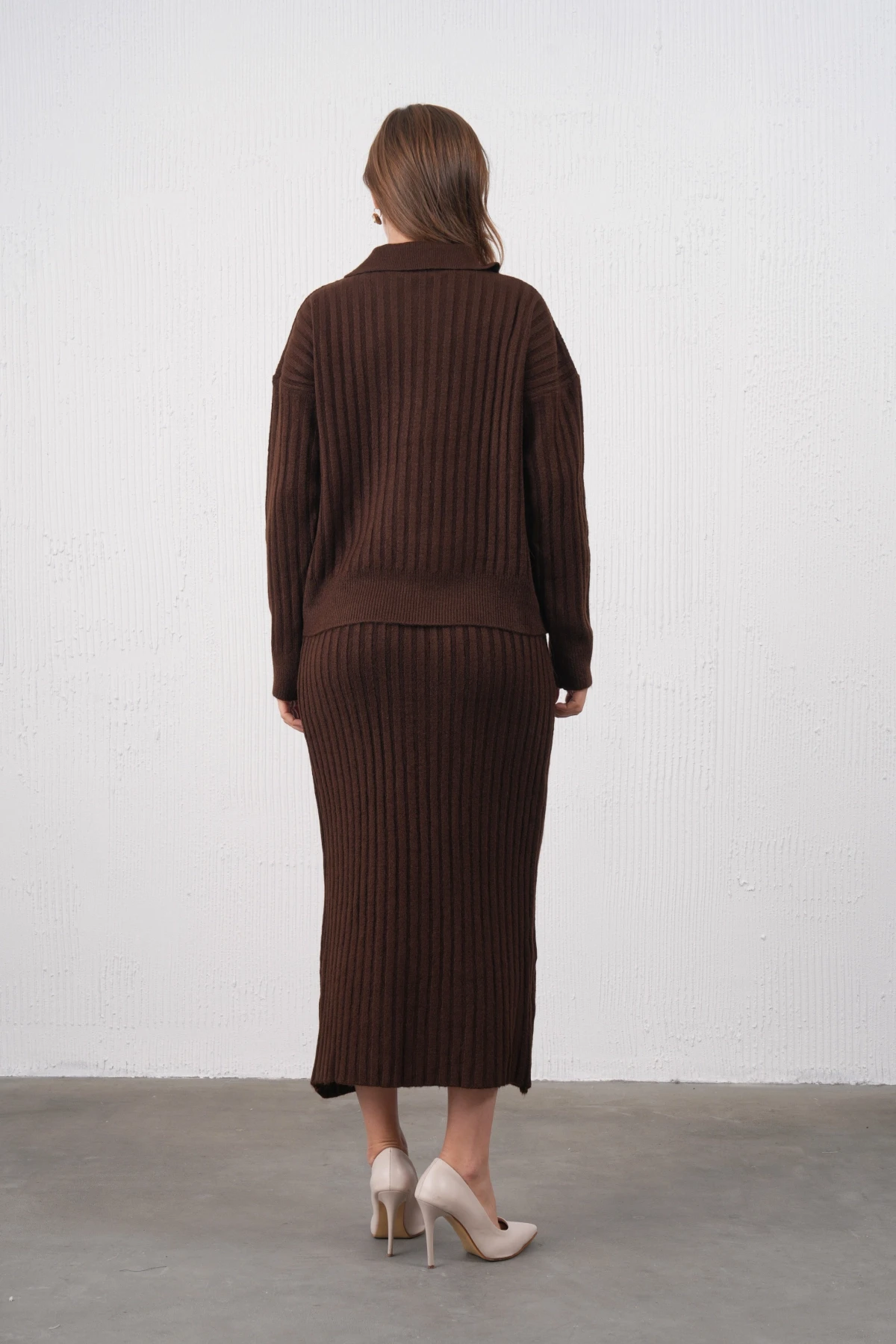 Kadın Polo Yaka Yarım Pat Örgü Detay Kazak Etek İkili Triko Takım