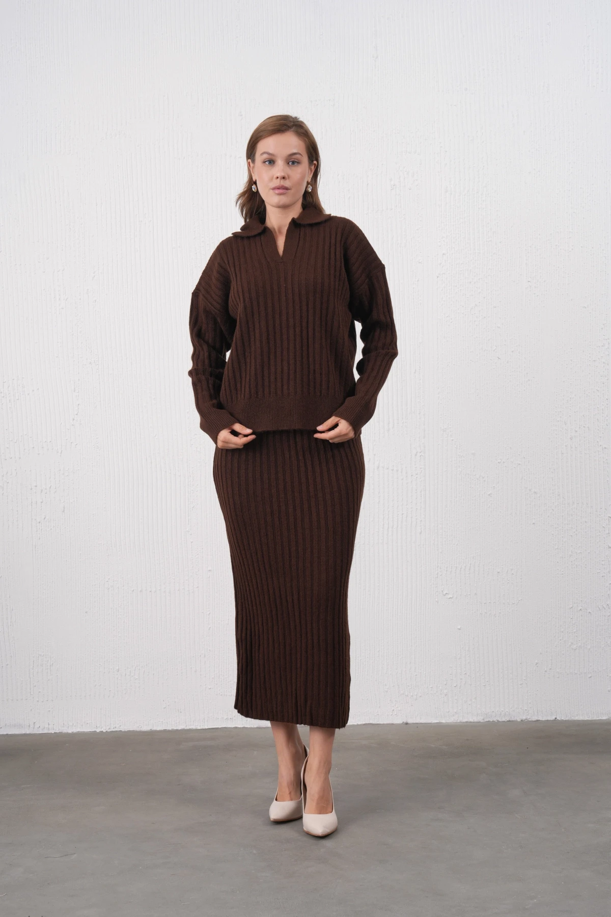 Kadın Polo Yaka Yarım Pat Örgü Detay Kazak Etek İkili Triko Takım