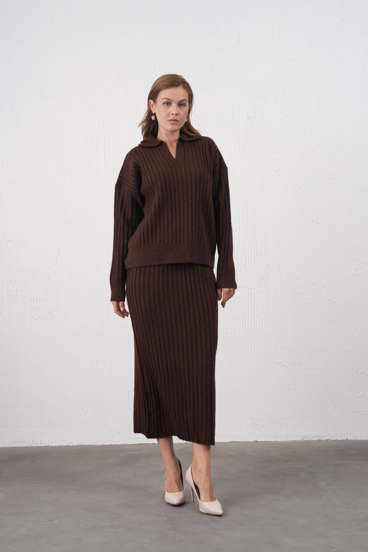 Kadın Polo Yaka Yarım Pat Örgü Detay Kazak Etek İkili Triko Takım