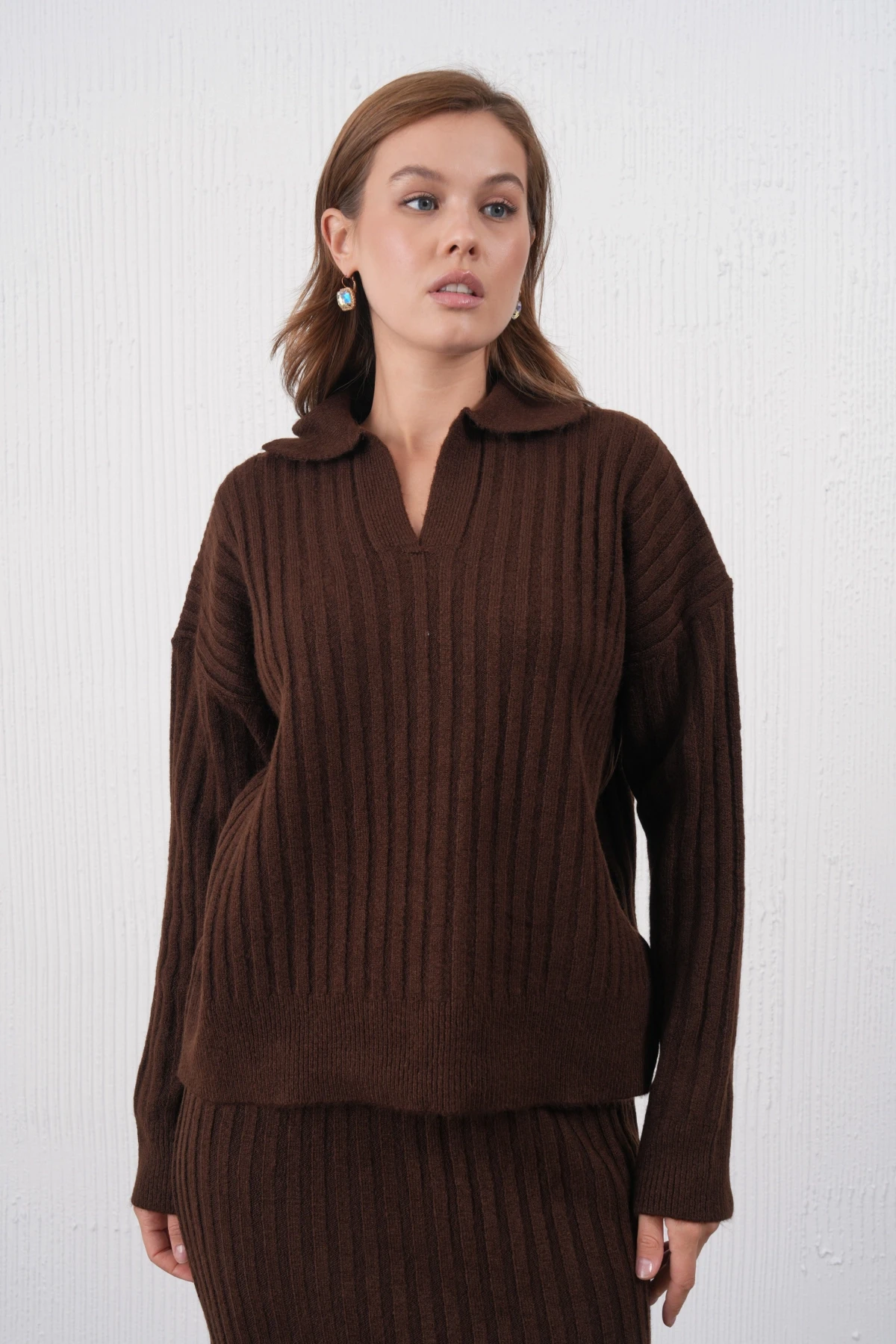 Kadın Polo Yaka Yarım Pat Örgü Detay Kazak Etek İkili Triko Takım