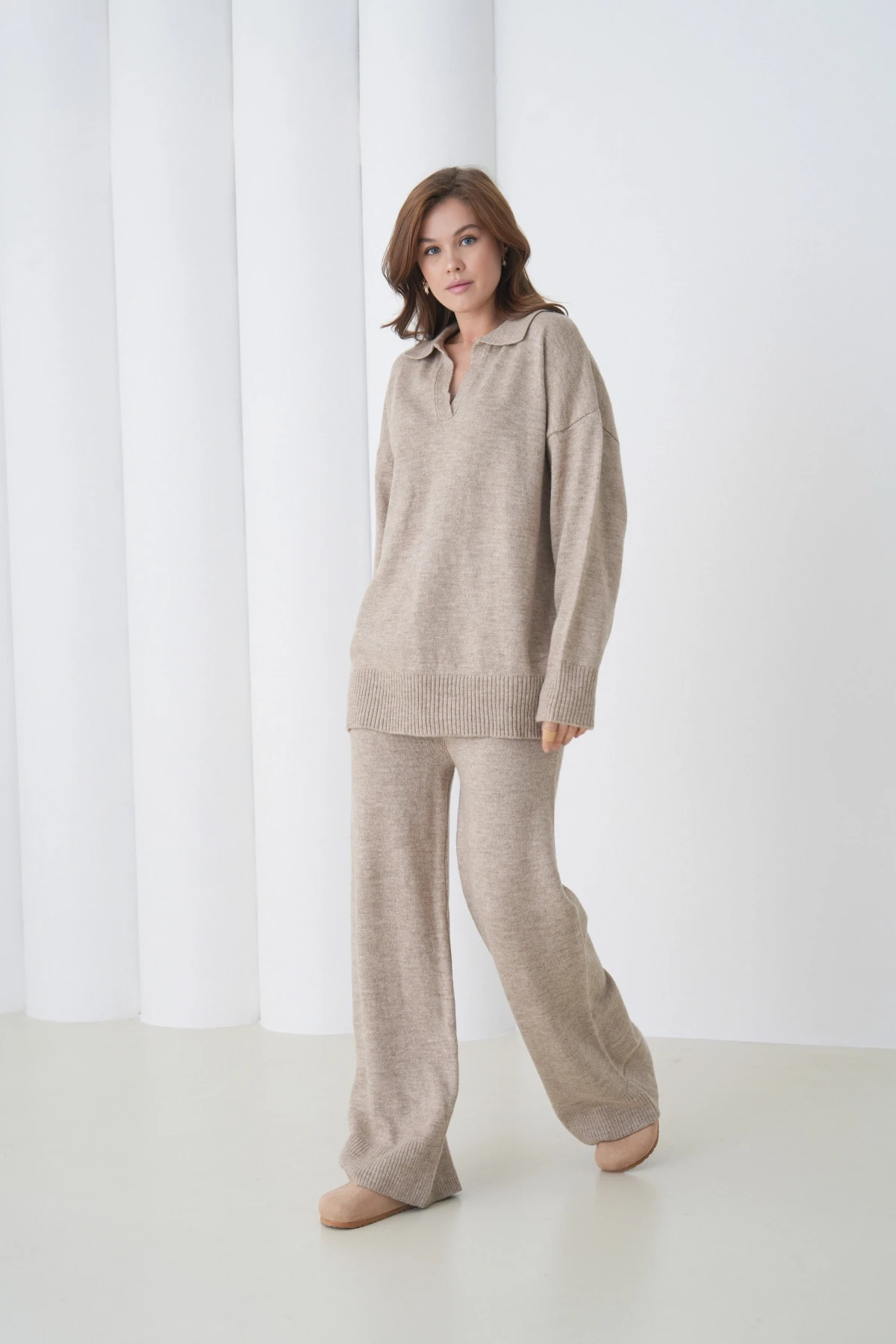 Kadın Polo Yaka Yarım Pat Oversize Kazak Pantolon İkili Triko Takım