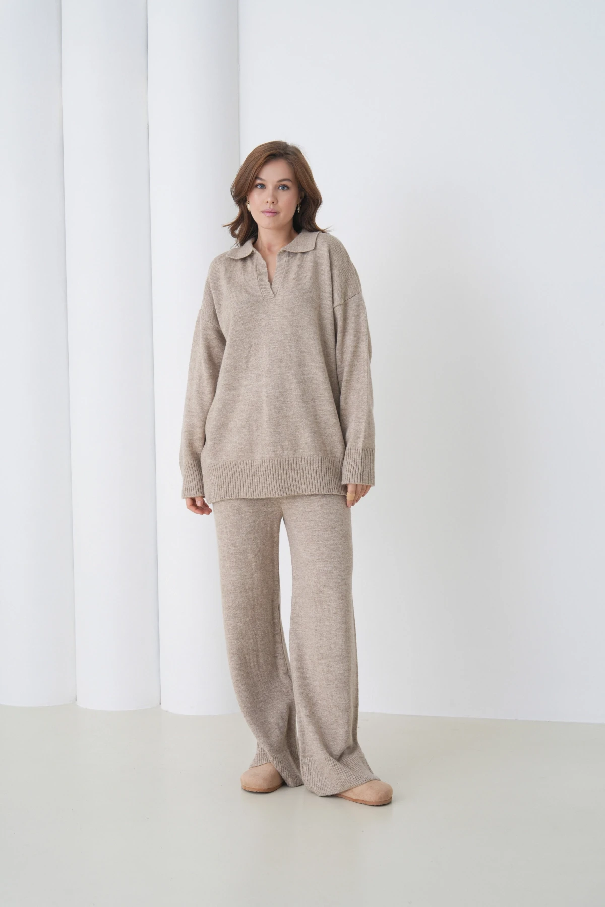 Kadın Polo Yaka Yarım Pat Oversize Kazak Pantolon İkili Triko Takım