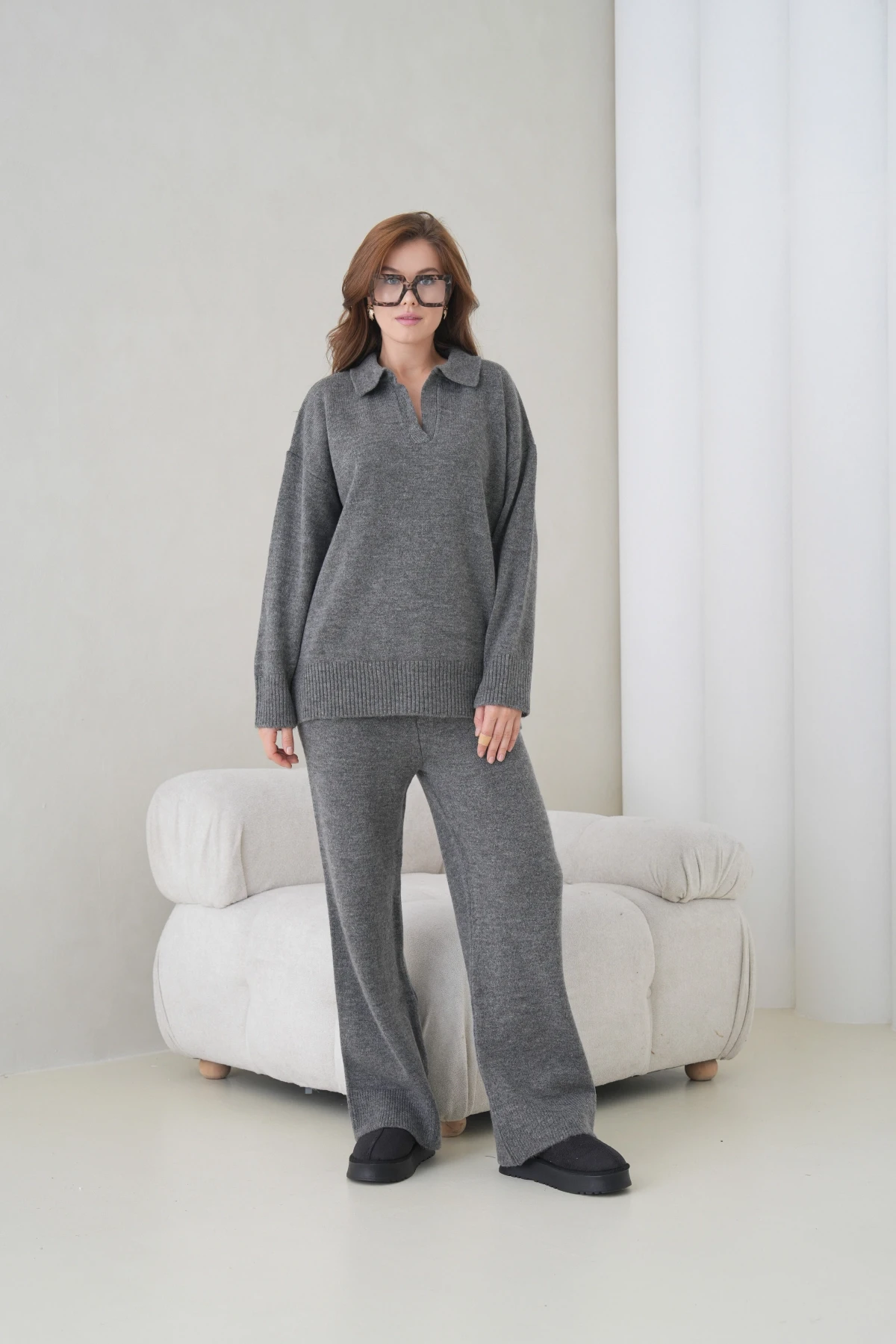 Kadın Polo Yaka Yarım Pat Oversize Kazak Pantolon İkili Triko Takım