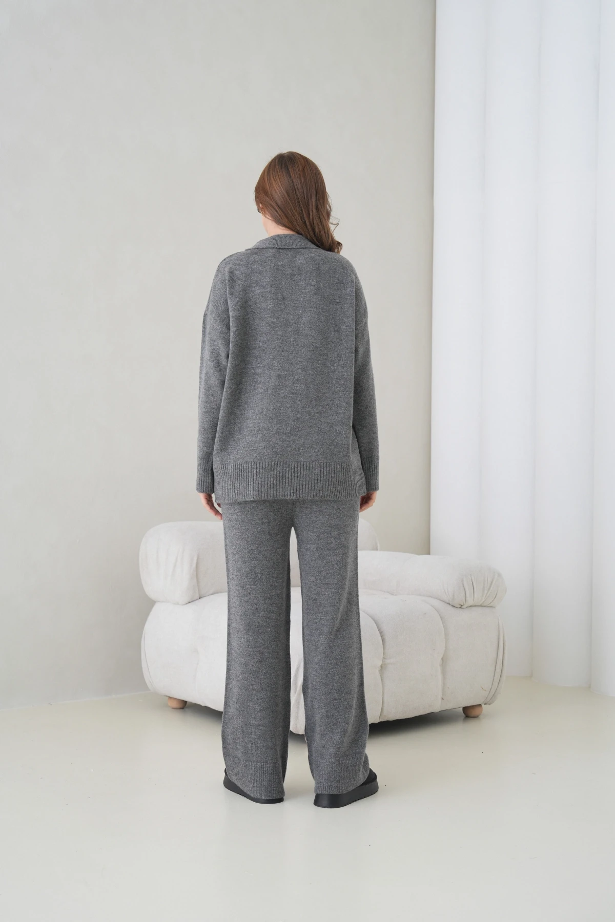 Kadın Polo Yaka Yarım Pat Oversize Kazak Pantolon İkili Triko Takım