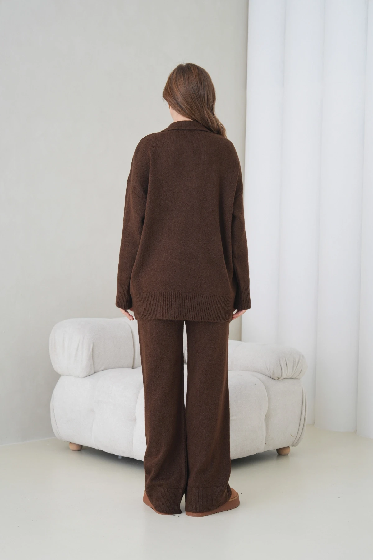 Kadın Polo Yaka Yarım Pat Oversize Kazak Pantolon İkili Triko Takım