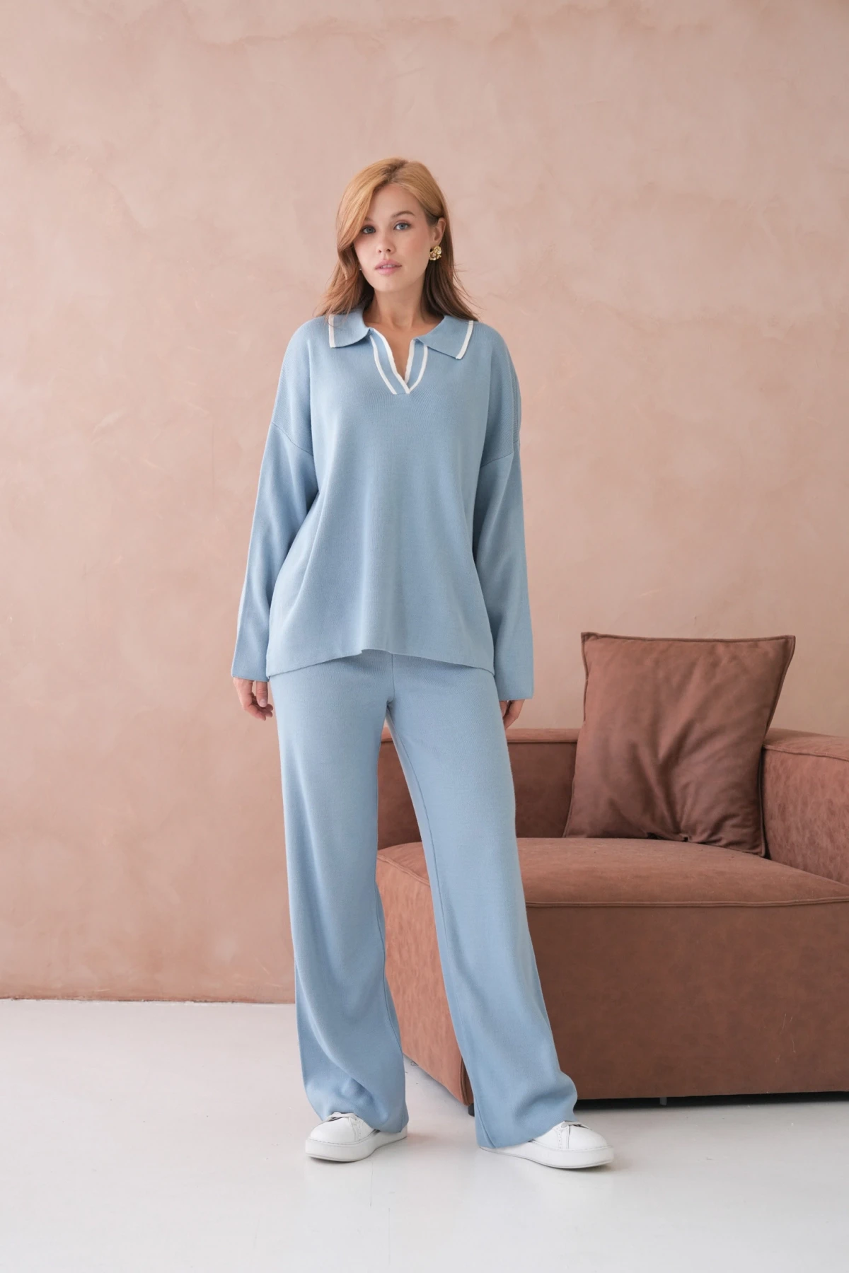 Kadın Polo Yaka Yarım Pat Salaş Kazak Oantolon İkili Triko Takım