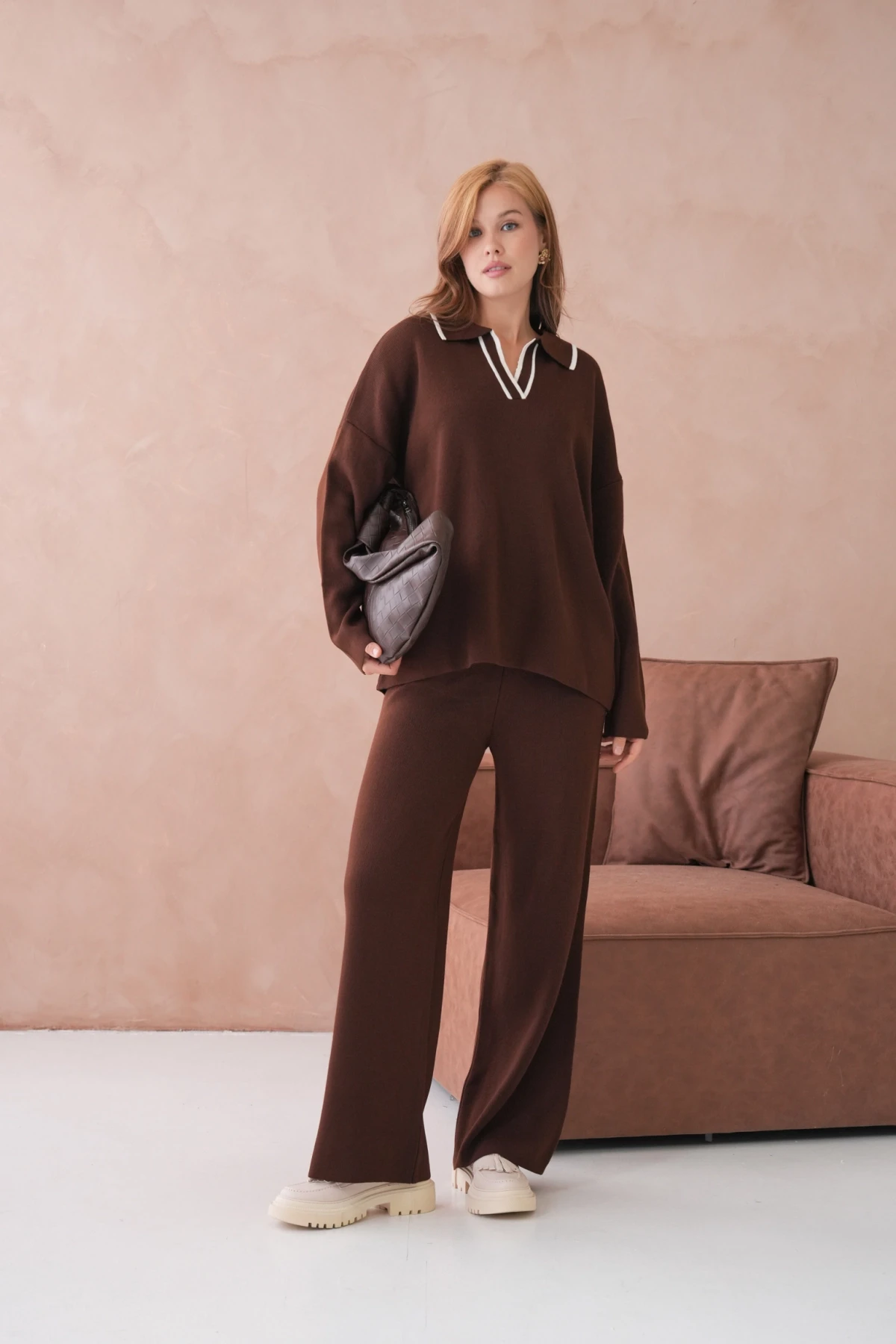 Kadın Polo Yaka Yarım Pat Salaş Kazak Oantolon İkili Triko Takım