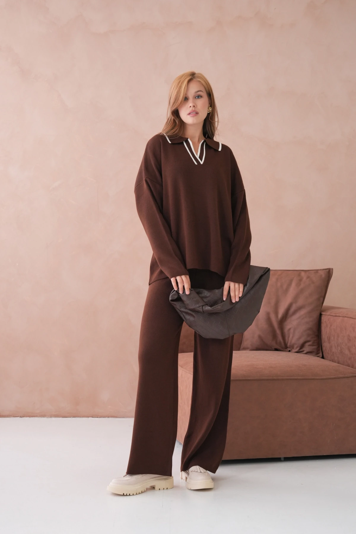 Kadın Polo Yaka Yarım Pat Salaş Kazak Oantolon İkili Triko Takım