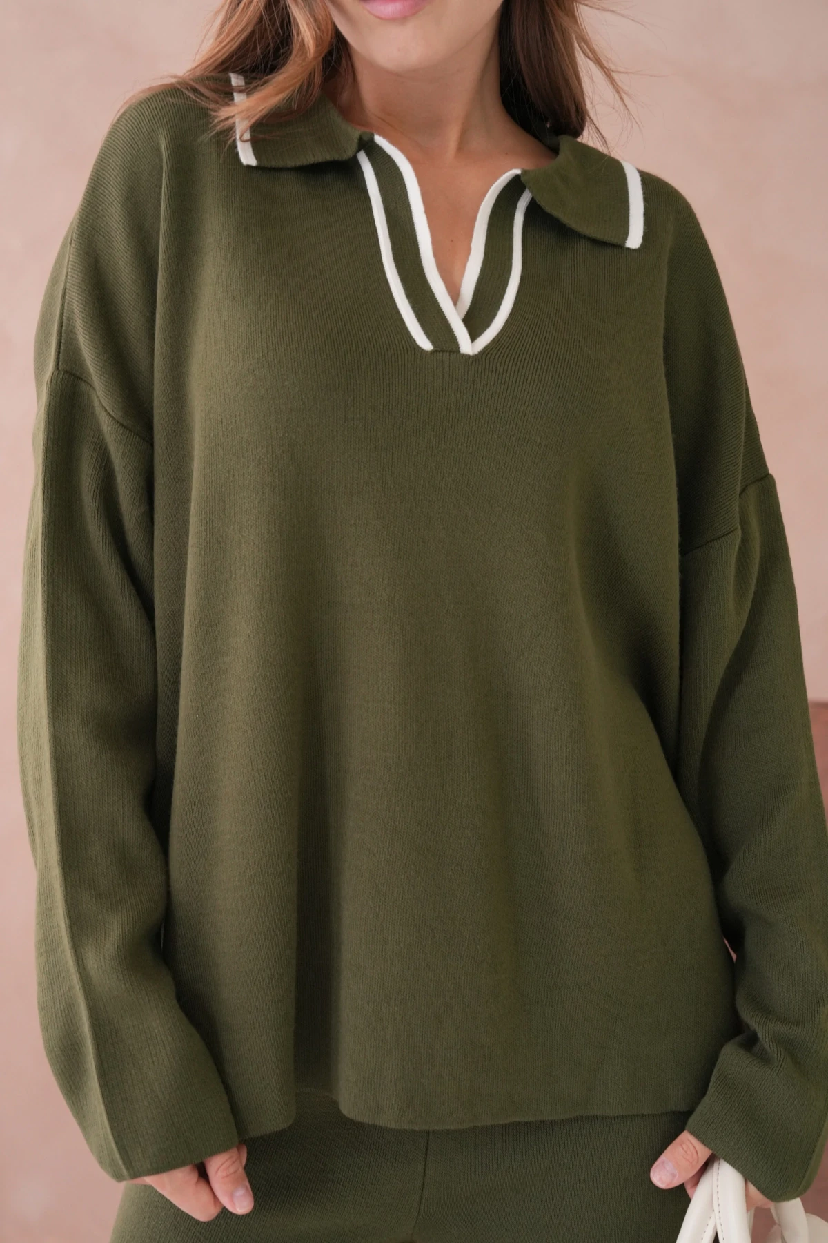 Kadın Polo Yaka Yarım Pat Salaş Kazak Oantolon İkili Triko Takım