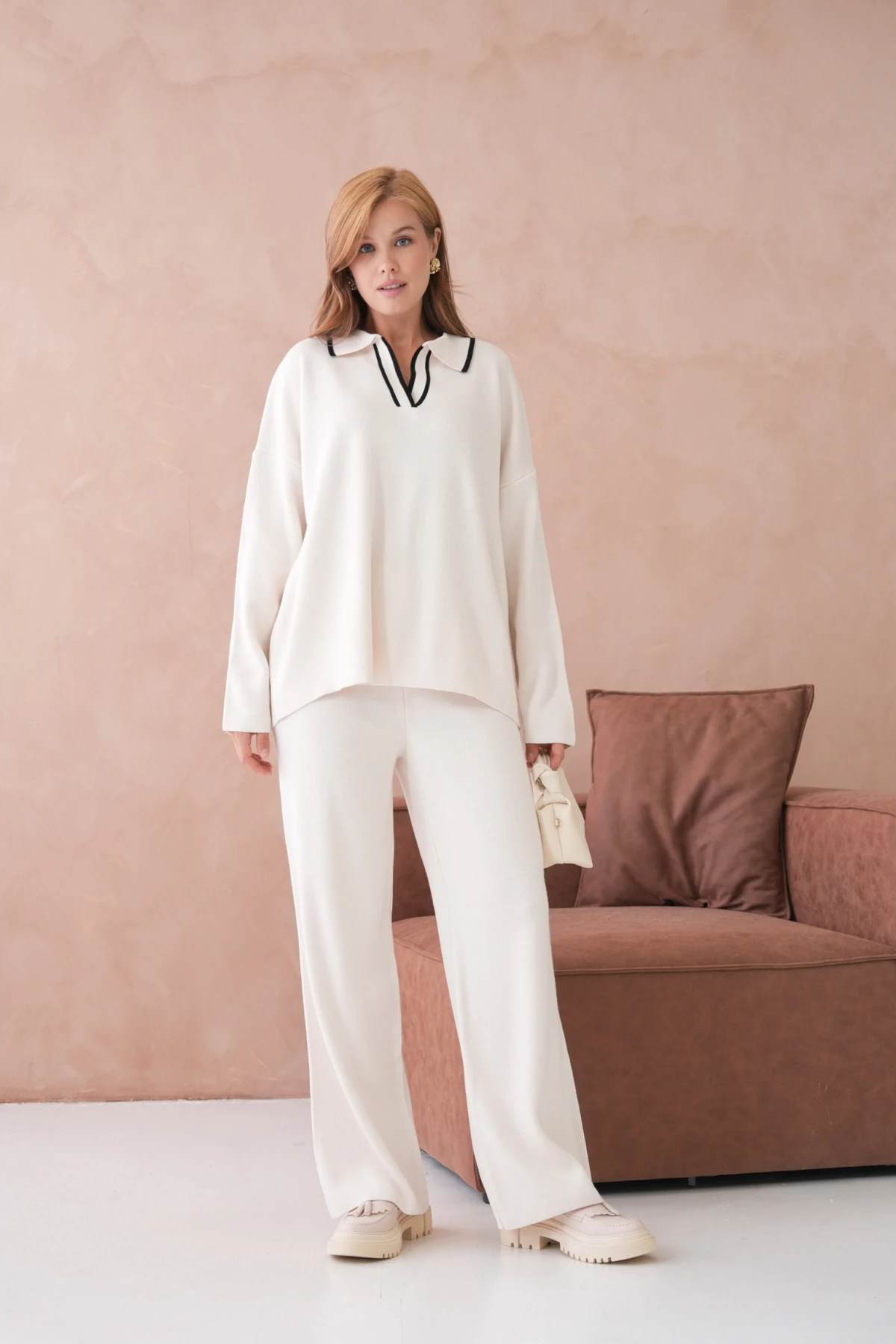 Kadın Polo Yaka Yarım Pat Salaş Kazak Oantolon İkili Triko Takım