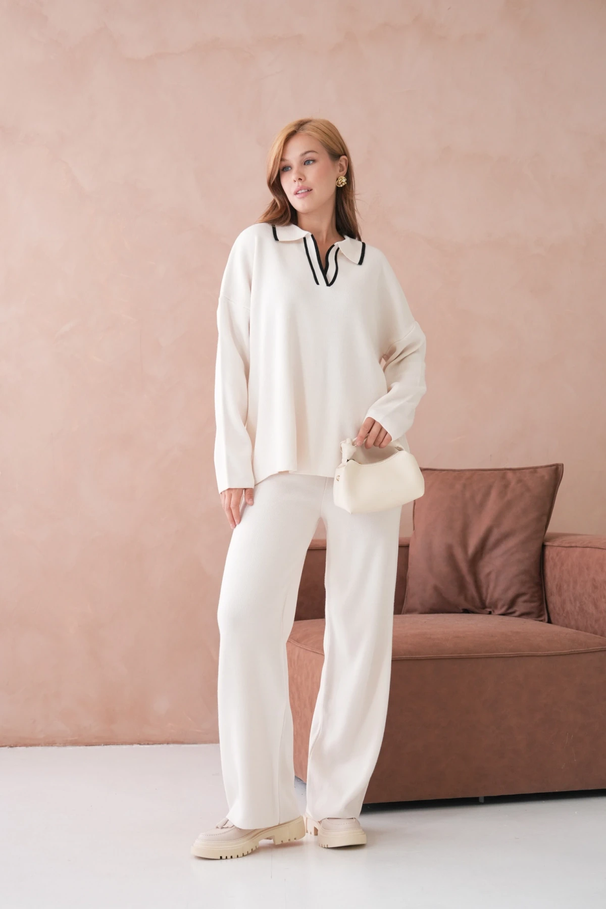 Kadın Polo Yaka Yarım Pat Salaş Kazak Oantolon İkili Triko Takım