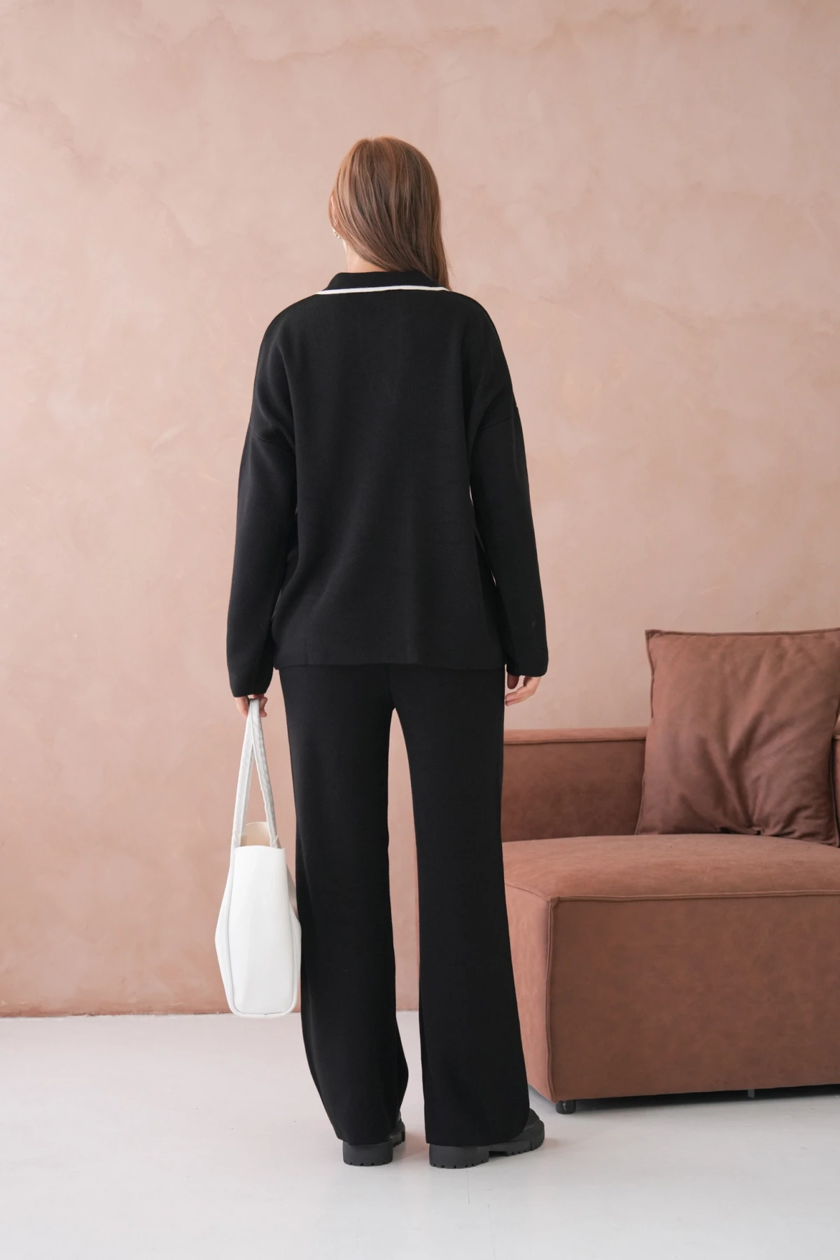 Kadın Polo Yaka Yarım Pat Salaş Kazak Oantolon İkili Triko Takım