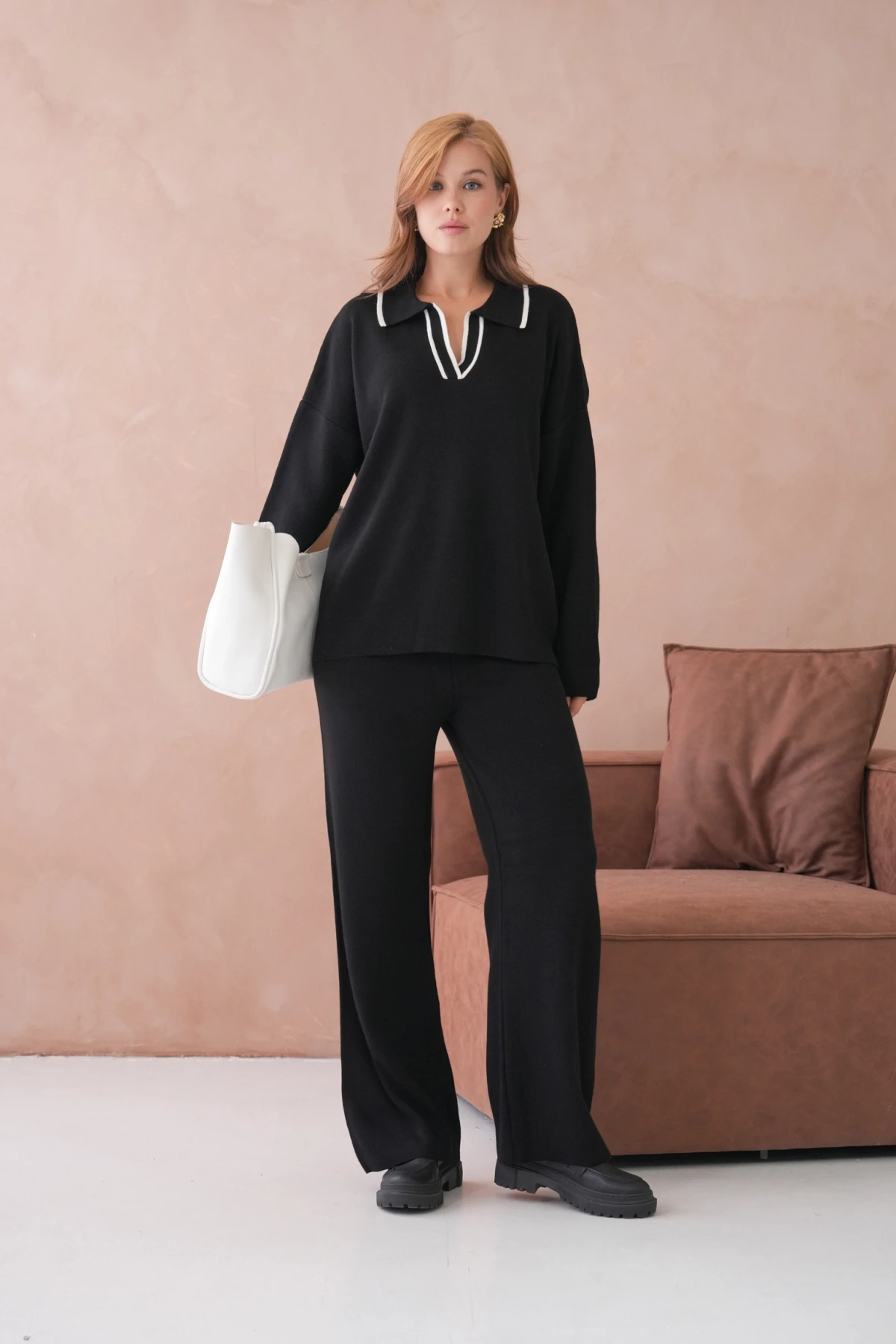 Kadın Polo Yaka Yarım Pat Salaş Kazak Oantolon İkili Triko Takım