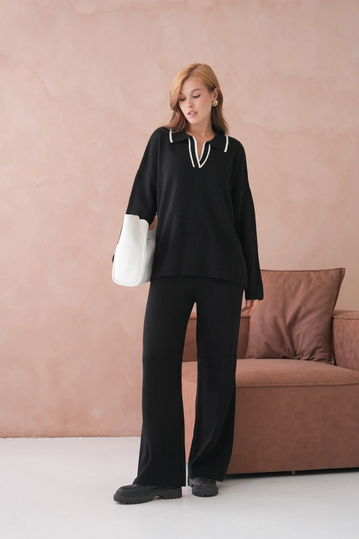 Kadın Polo Yaka Yarım Pat Salaş Kazak Oantolon İkili Triko Takım