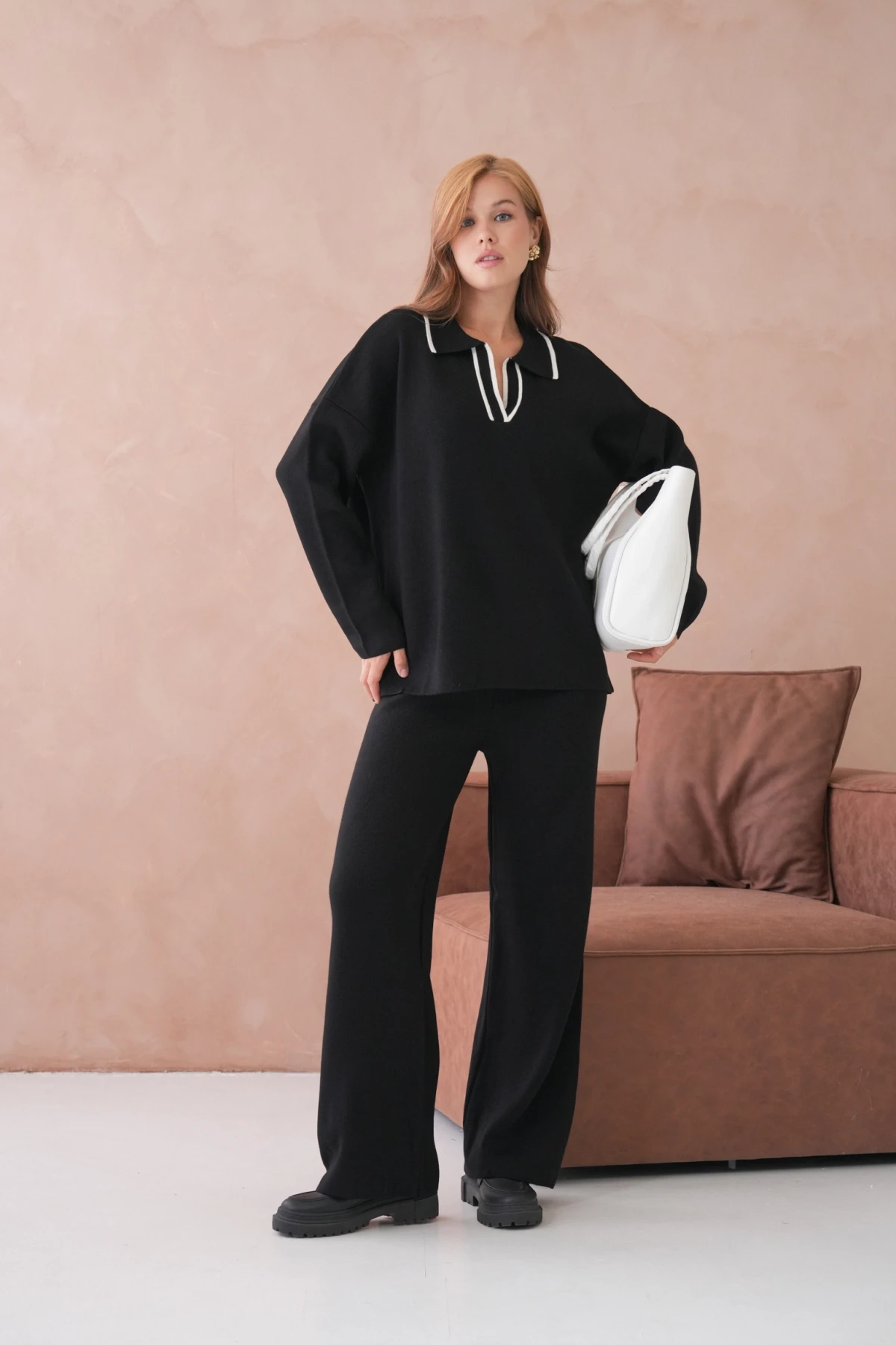 Kadın Polo Yaka Yarım Pat Salaş Kazak Oantolon İkili Triko Takım