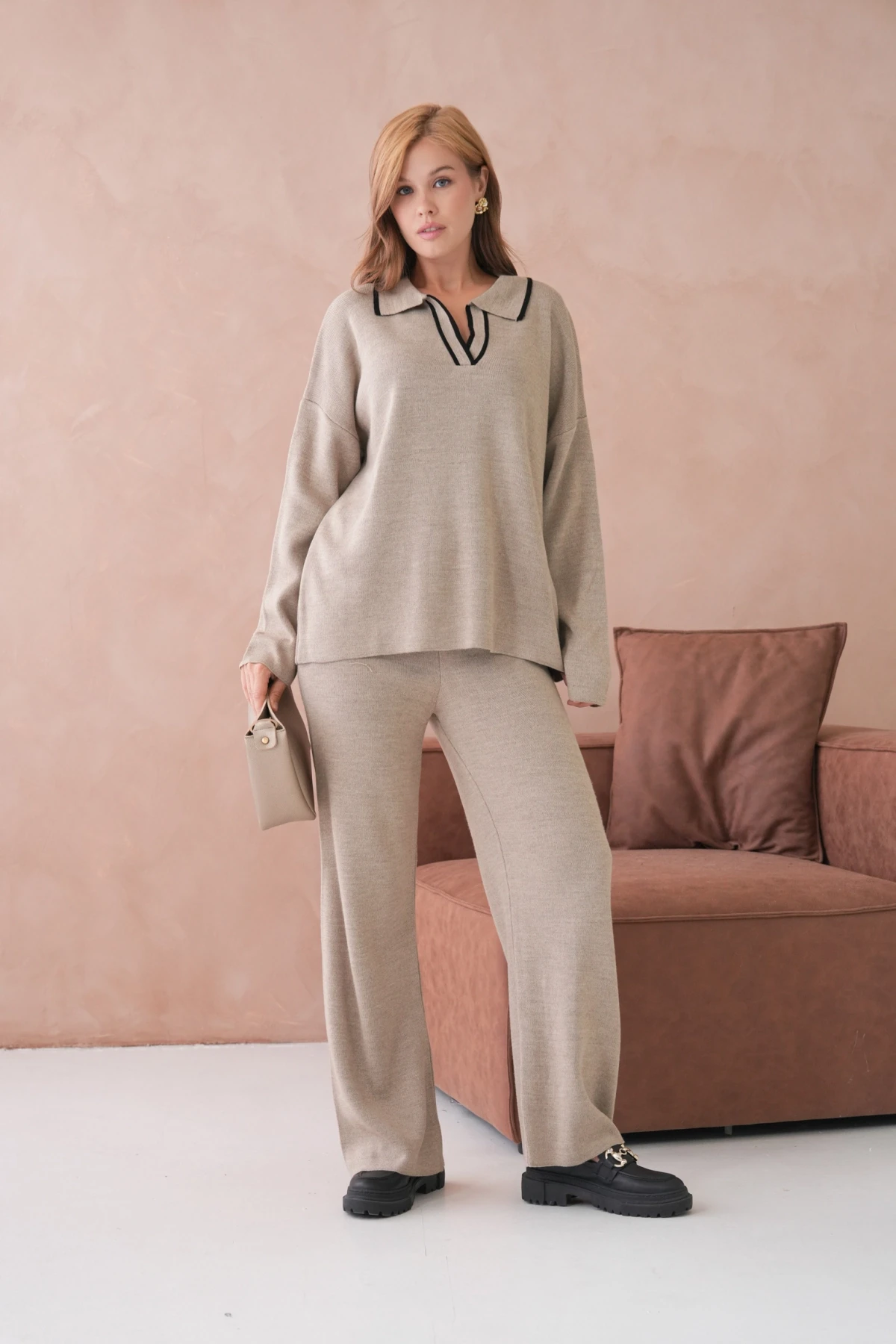 Kadın Polo Yaka Yarım Pat Salaş Kazak Oantolon İkili Triko Takım