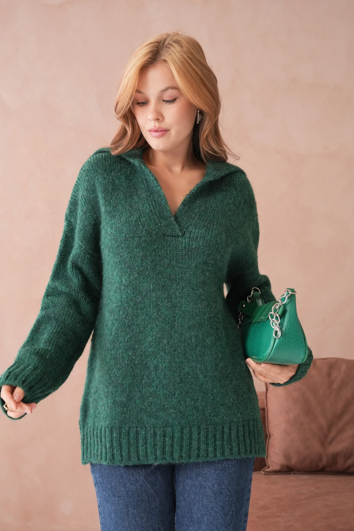 Kadın Polo Yaka Yumuşak Dokulu Oversize Triko Kazak