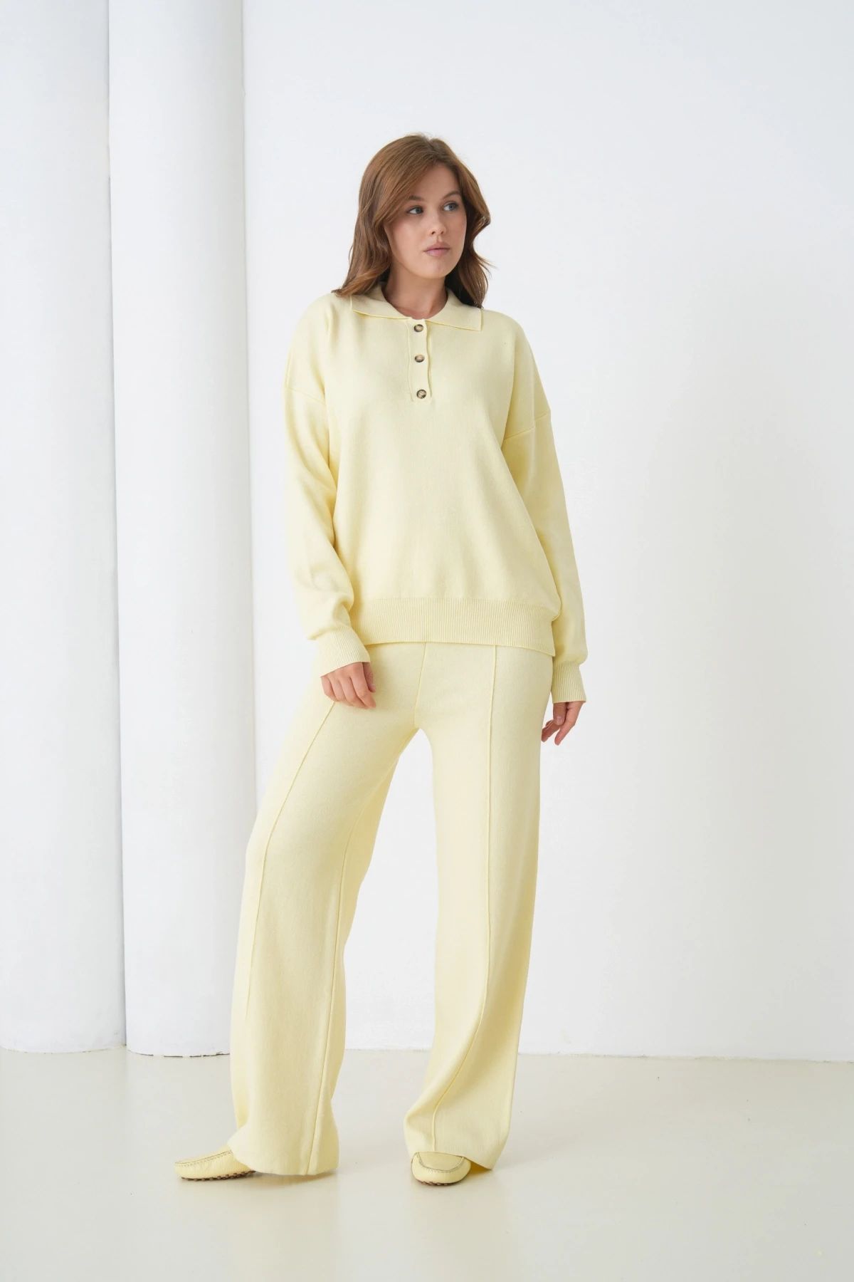 Kadın Siyah Polo Yaka Kazak Pantolon Triko Alt-Üst Takım