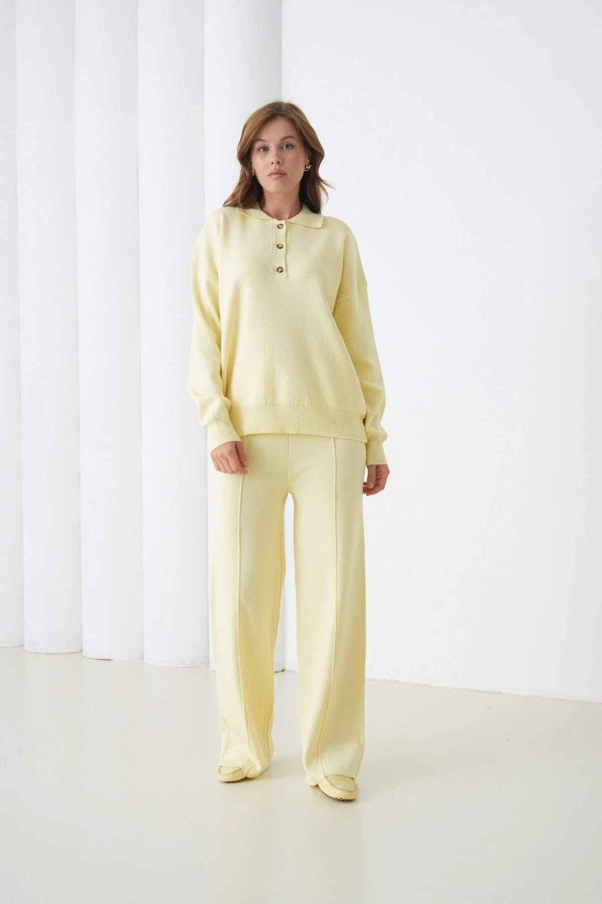 Kadın Siyah Polo Yaka Kazak Pantolon Triko Alt-Üst Takım