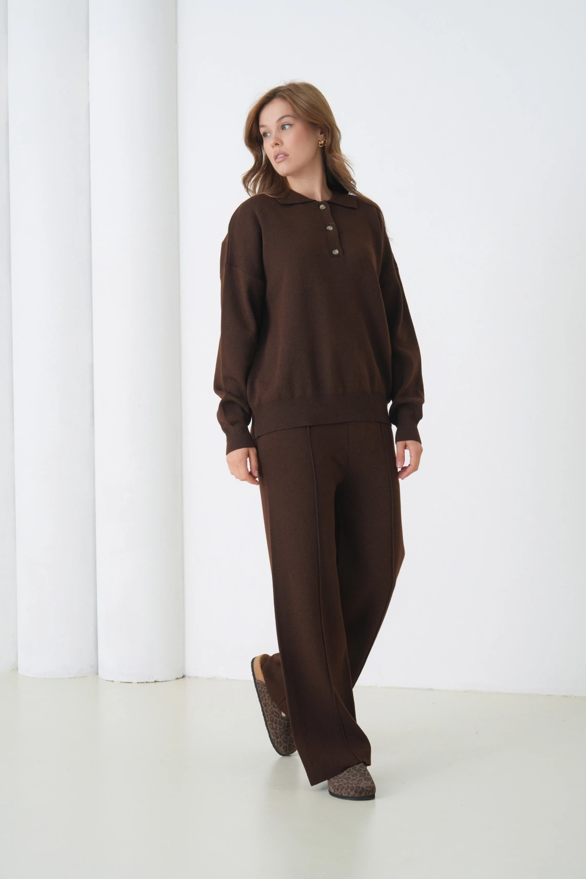 Kadın Siyah Polo Yaka Kazak Pantolon Triko Alt-Üst Takım