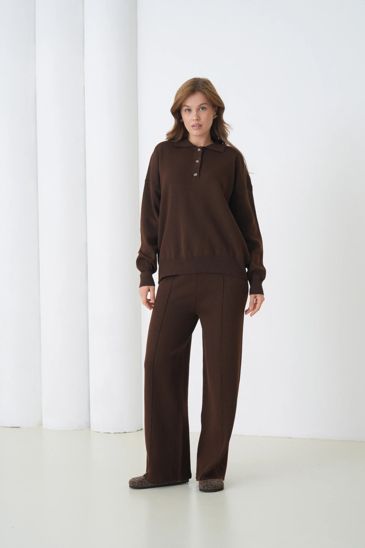 Kadın Siyah Polo Yaka Kazak Pantolon Triko Alt-Üst Takım