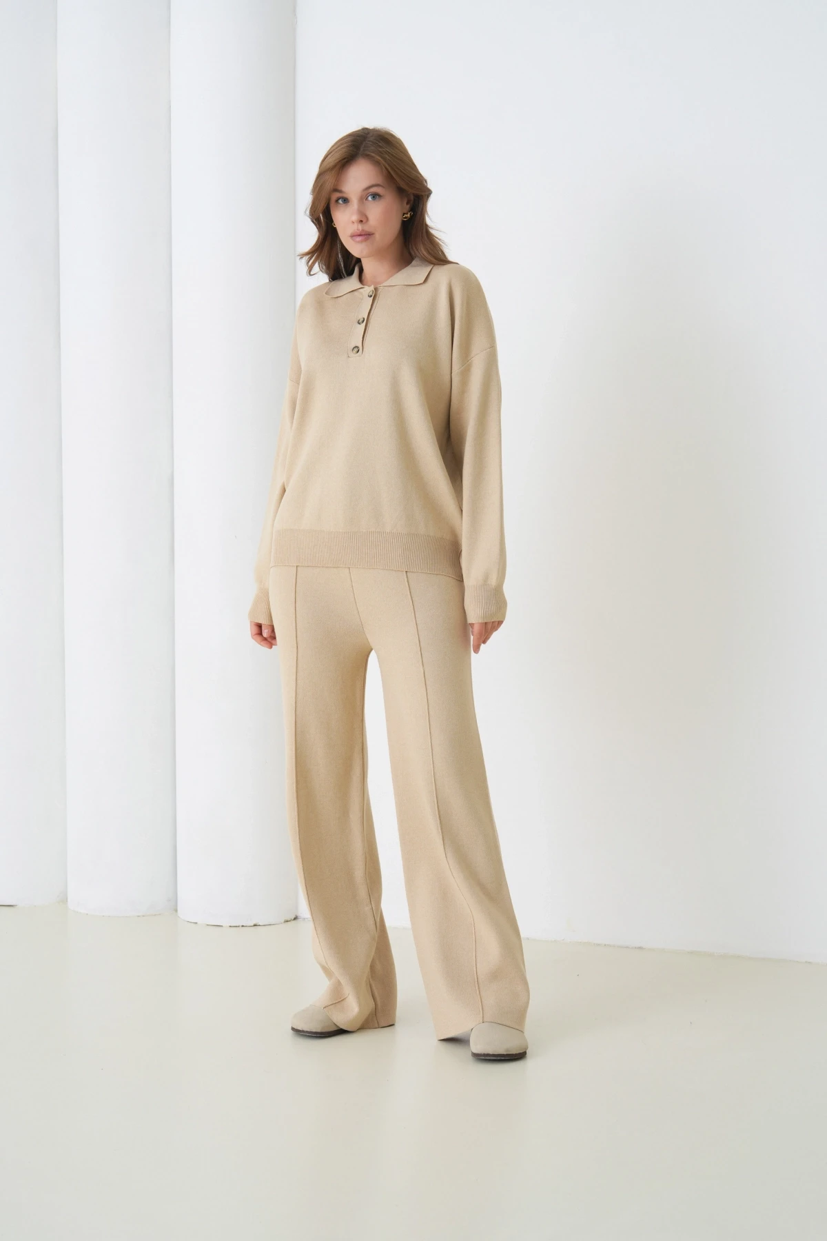 Kadın Siyah Polo Yaka Kazak Pantolon Triko Alt-Üst Takım