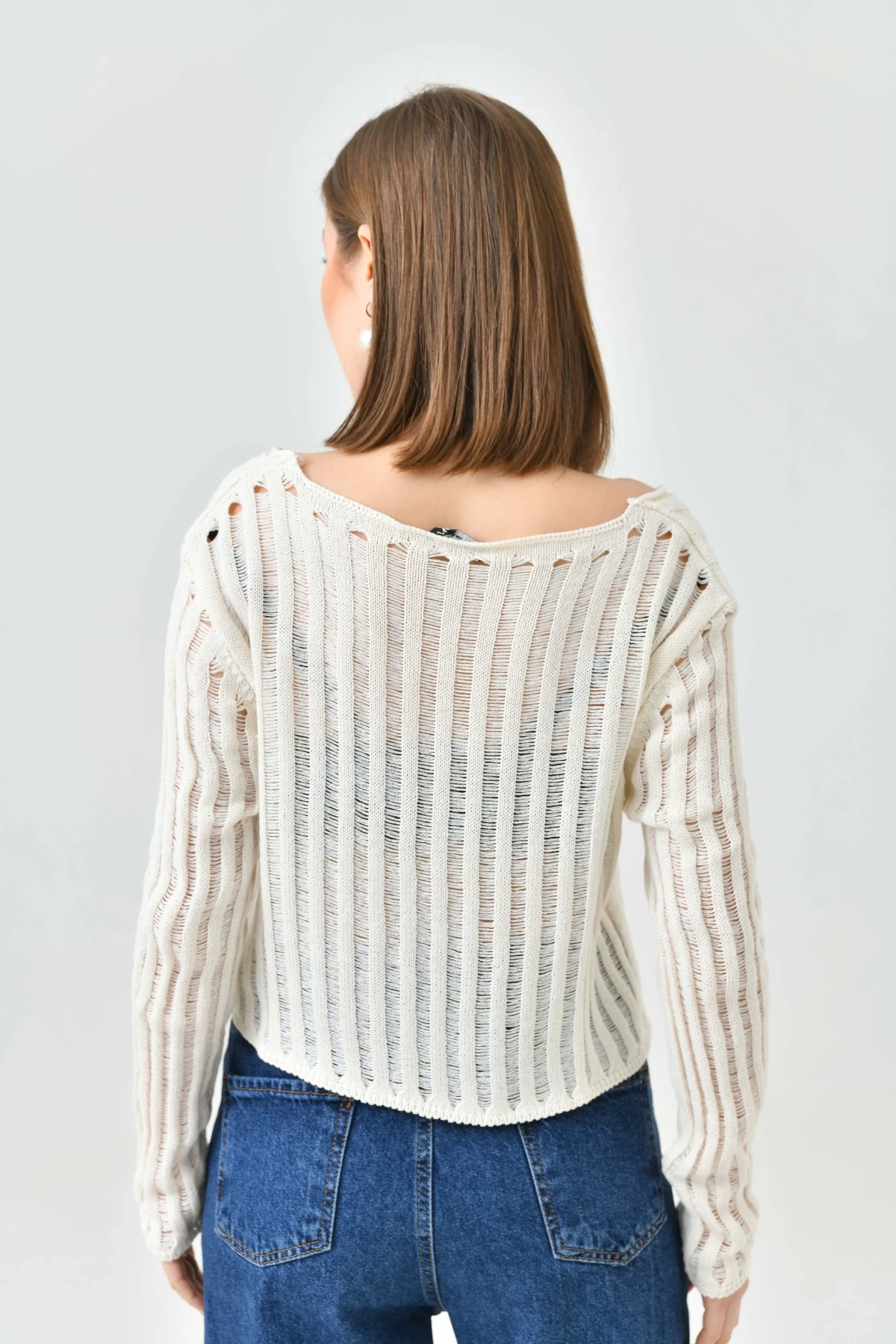 Kadın V Yaka Bağcıklı Örgü Detay Triko Hırka 8269Sw