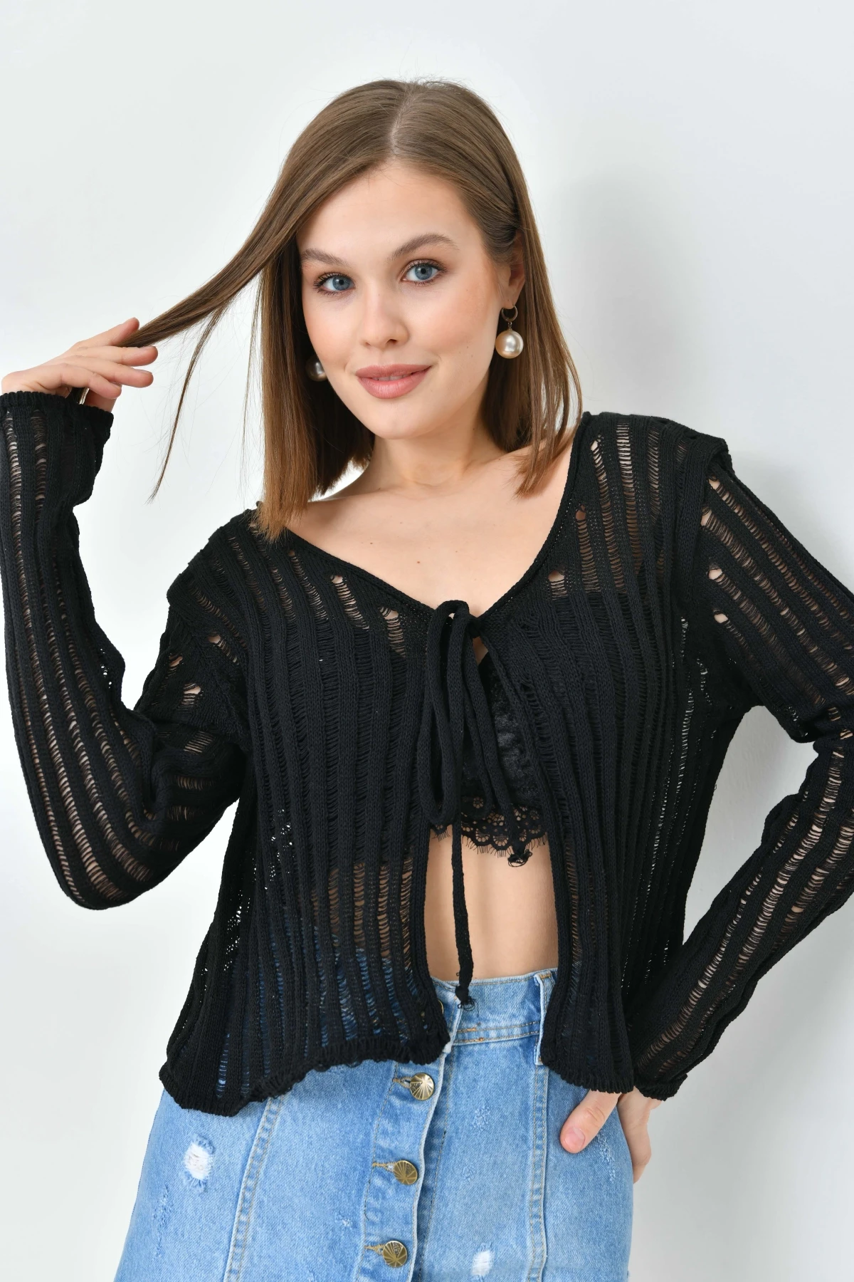 Kadın V Yaka Bağcıklı Örgü Detay Triko Hırka 8269Sw