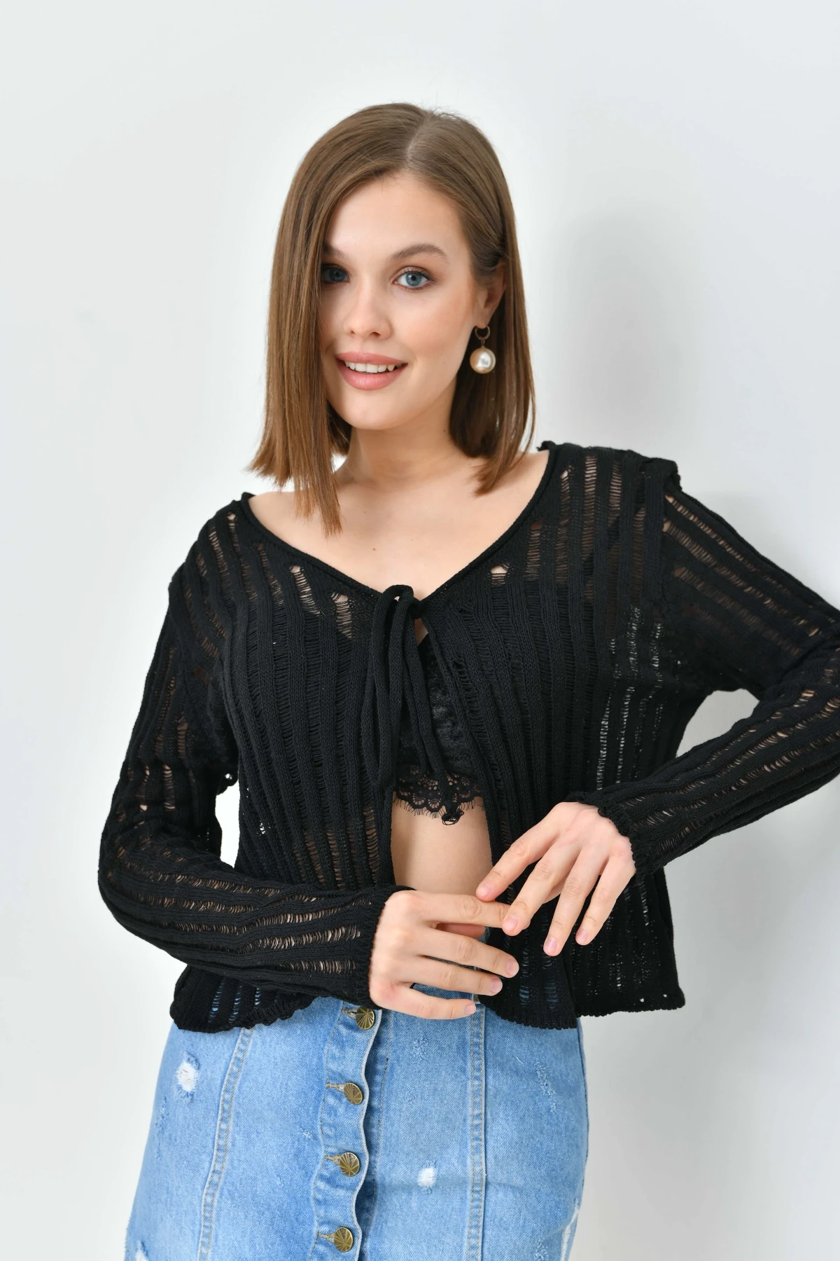 Kadın V Yaka Bağcıklı Örgü Detay Triko Hırka 8269Sw