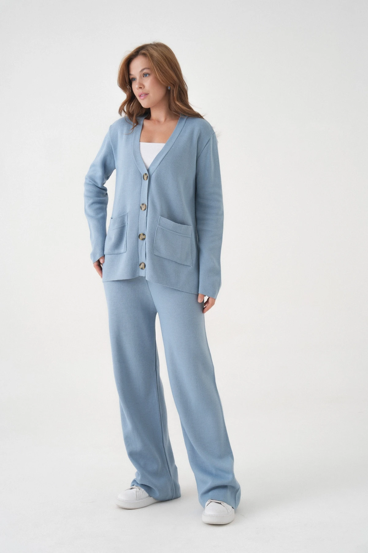 Kadın V Yaka Cep Detay Düğme Kapama Oversize Ceket Pantolon İkili Triko Takım