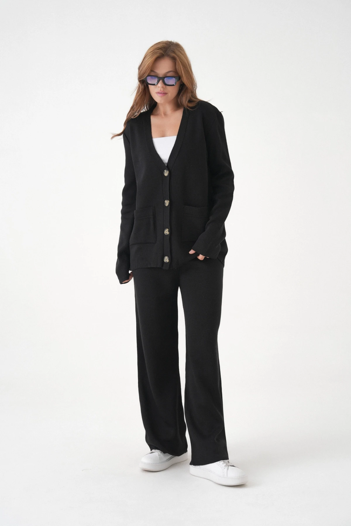 Kadın V Yaka Cep Detay Düğme Kapama Oversize Ceket Pantolon İkili Triko Takım