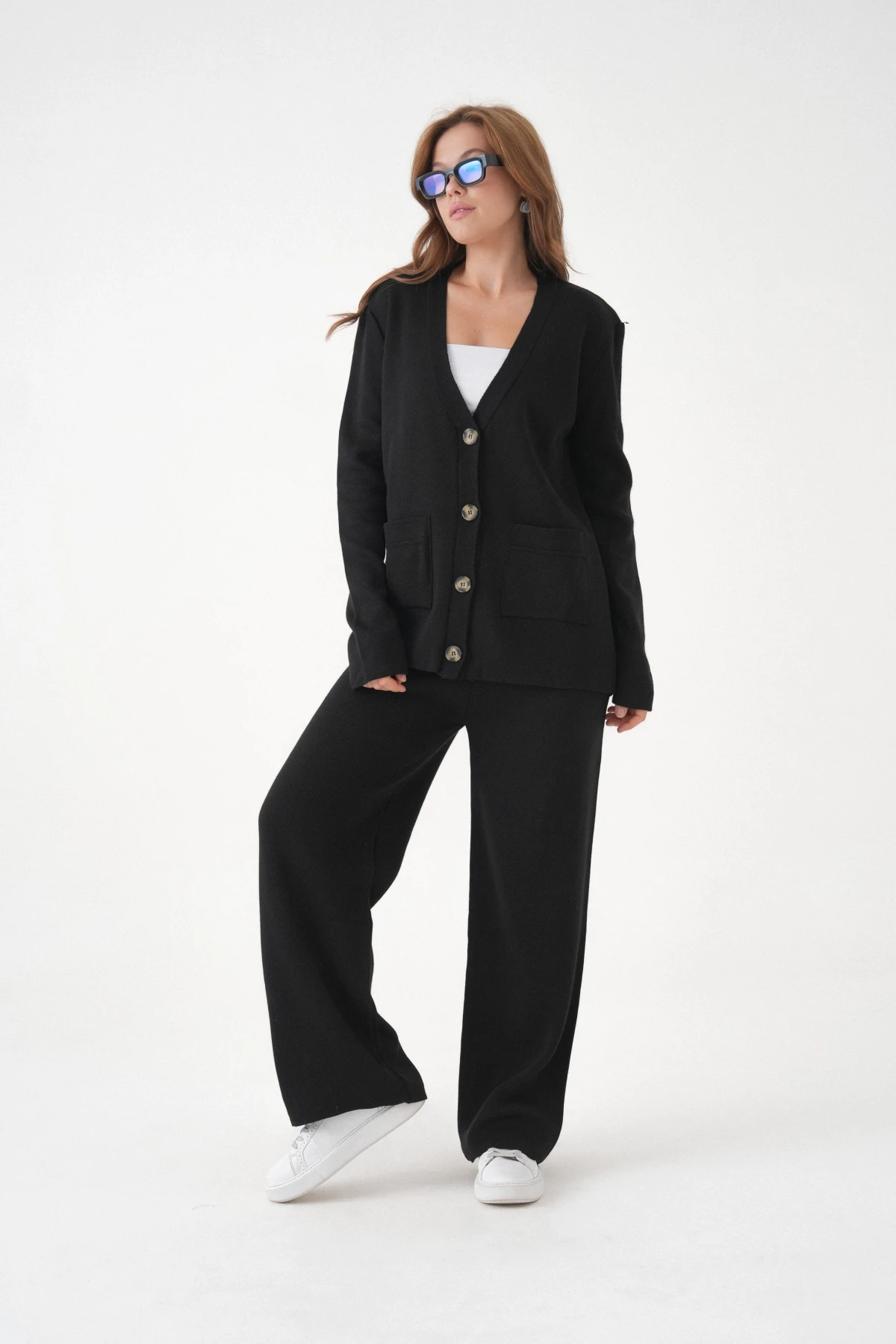 Kadın V Yaka Cep Detay Düğme Kapama Oversize Ceket Pantolon İkili Triko Takım