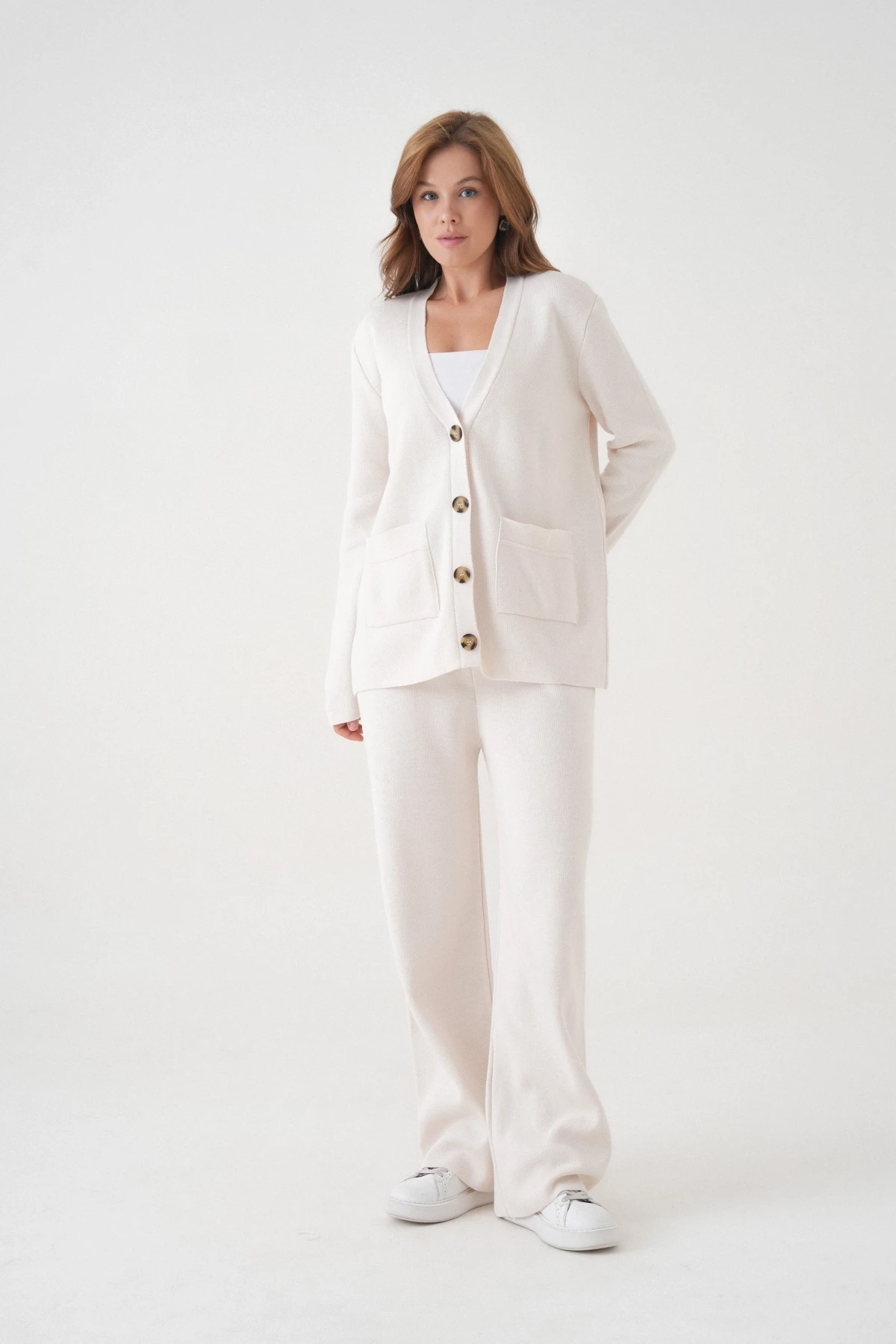 Kadın V Yaka Cep Detay Düğme Kapama Oversize Ceket Pantolon İkili Triko Takım