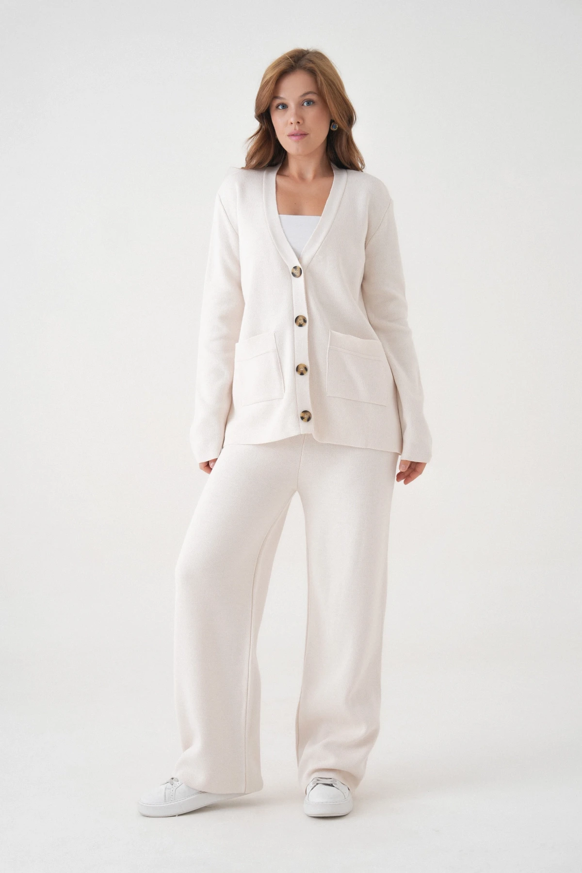 Kadın V Yaka Cep Detay Düğme Kapama Oversize Ceket Pantolon İkili Triko Takım