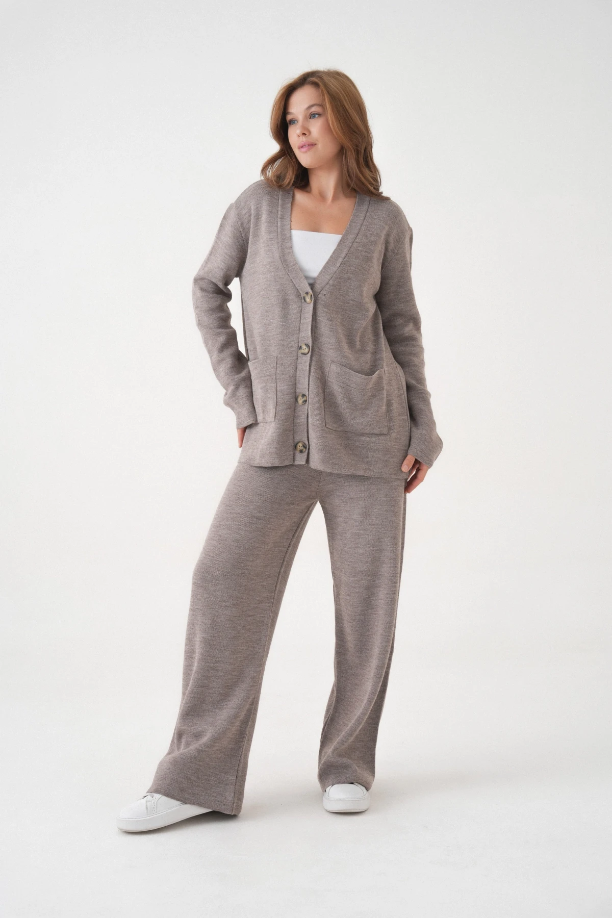 Kadın V Yaka Cep Detay Düğme Kapama Oversize Ceket Pantolon İkili Triko Takım