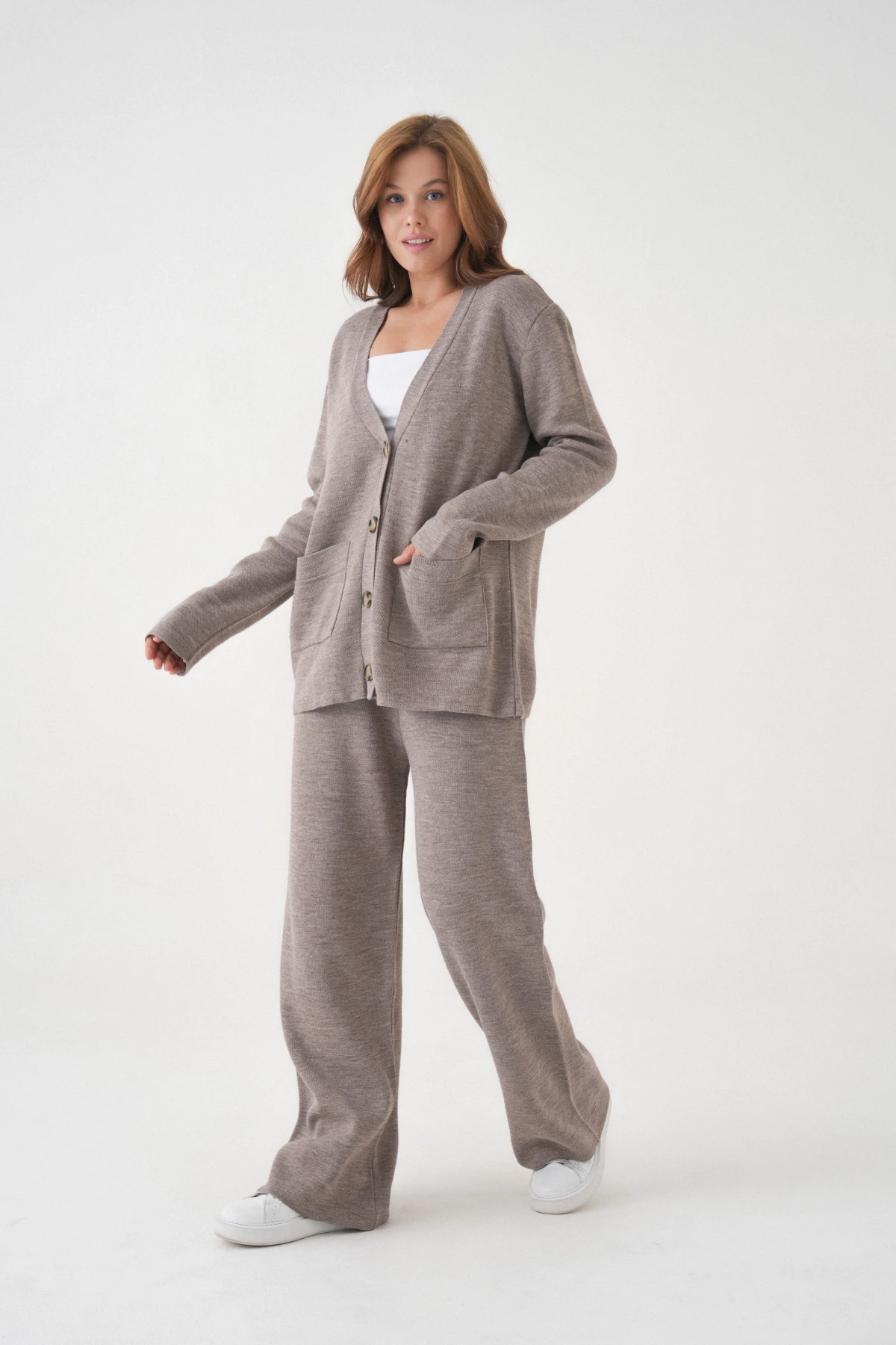 Kadın V Yaka Cep Detay Düğme Kapama Oversize Ceket Pantolon İkili Triko Takım