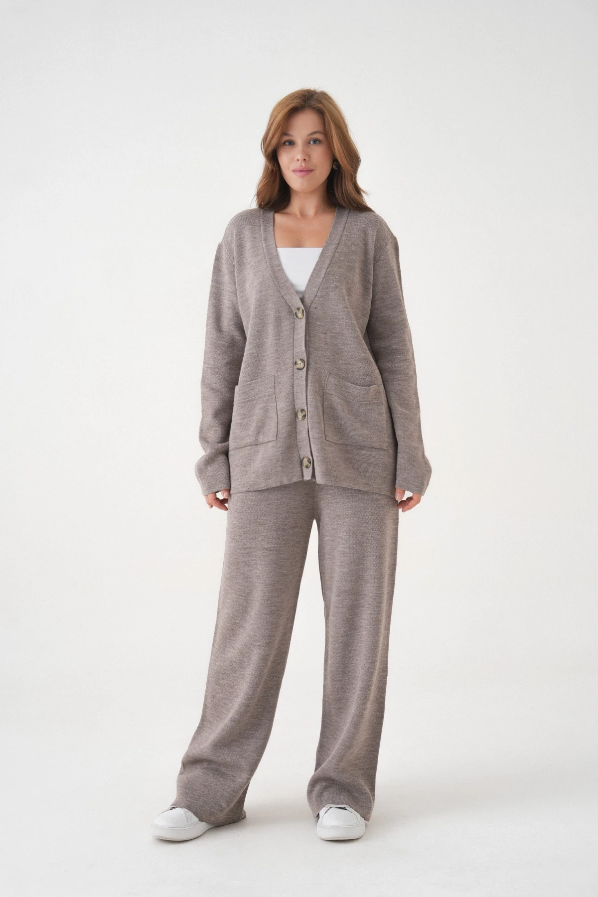 Kadın V Yaka Cep Detay Düğme Kapama Oversize Ceket Pantolon İkili Triko Takım