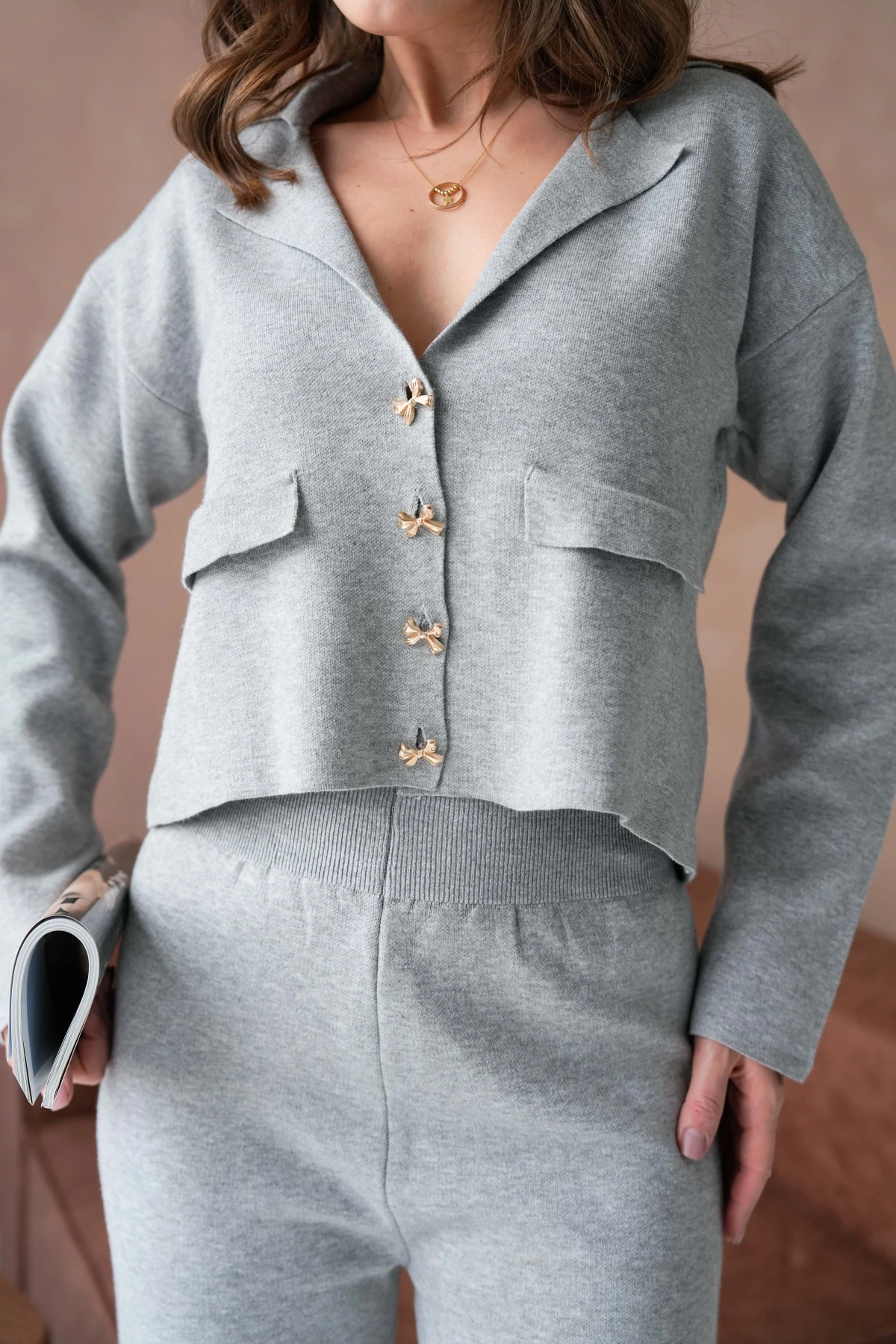 Kadın V Yaka Düğme Detay Ceket Pantolon İkili Triko Takım