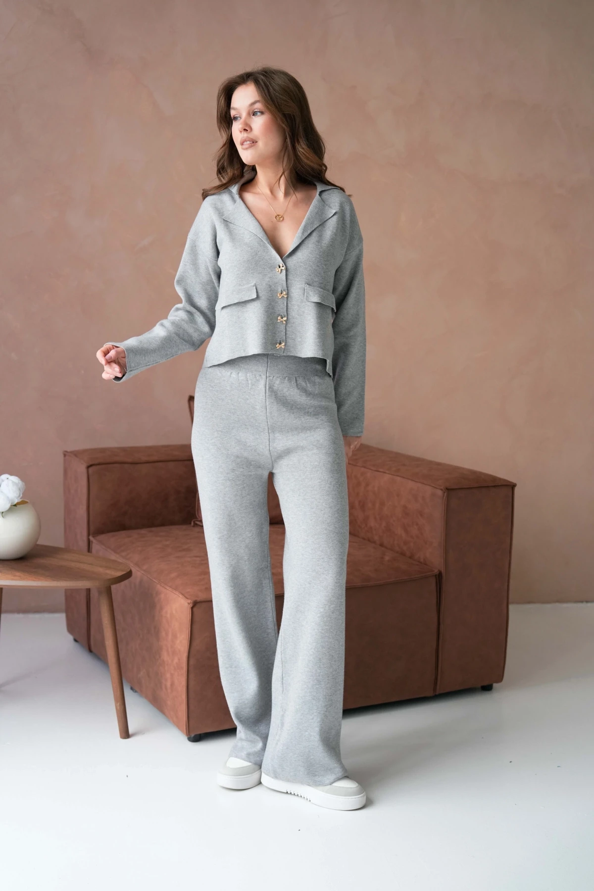 Kadın V Yaka Düğme Detay Ceket Pantolon İkili Triko Takım