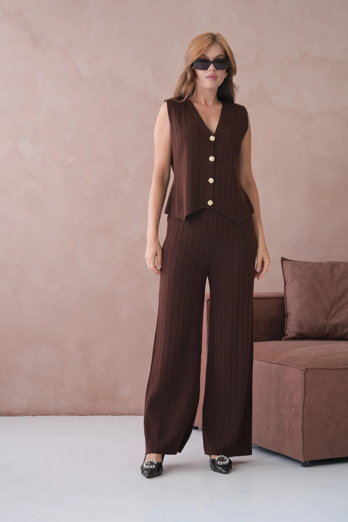 Kadın V Yaka Düğme Detay Yelek Pantolon İkili Triko Takım