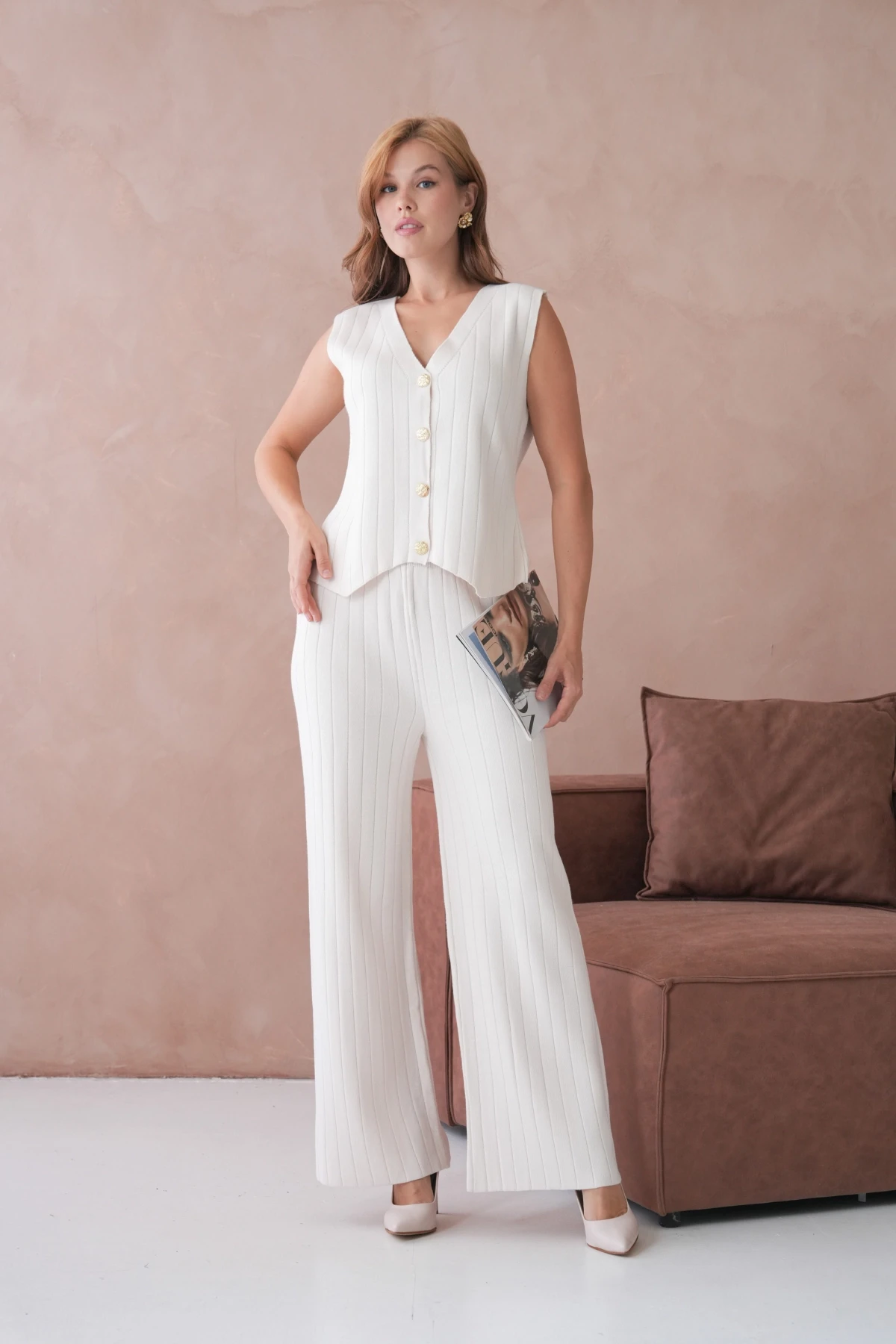 Kadın V Yaka Düğme Detay Yelek Pantolon İkili Triko Takım