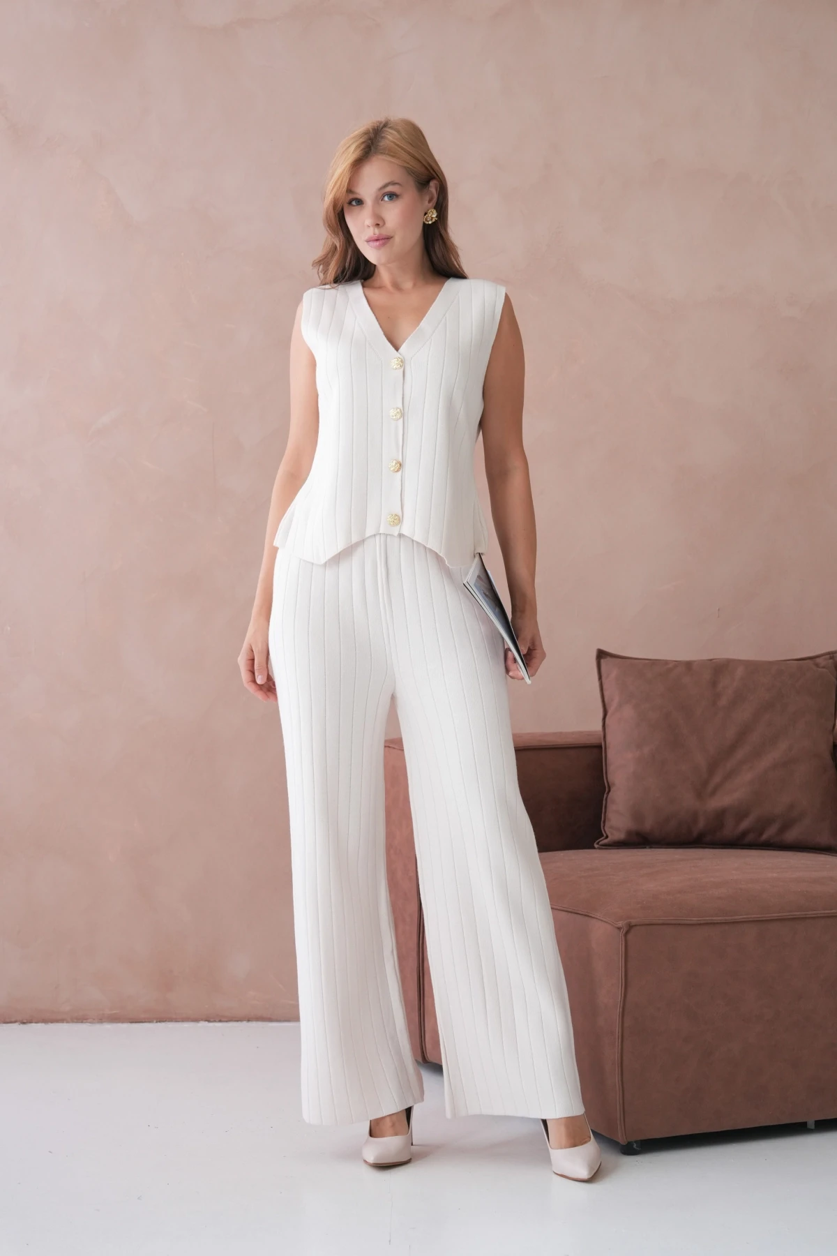 Kadın V Yaka Düğme Detay Yelek Pantolon İkili Triko Takım