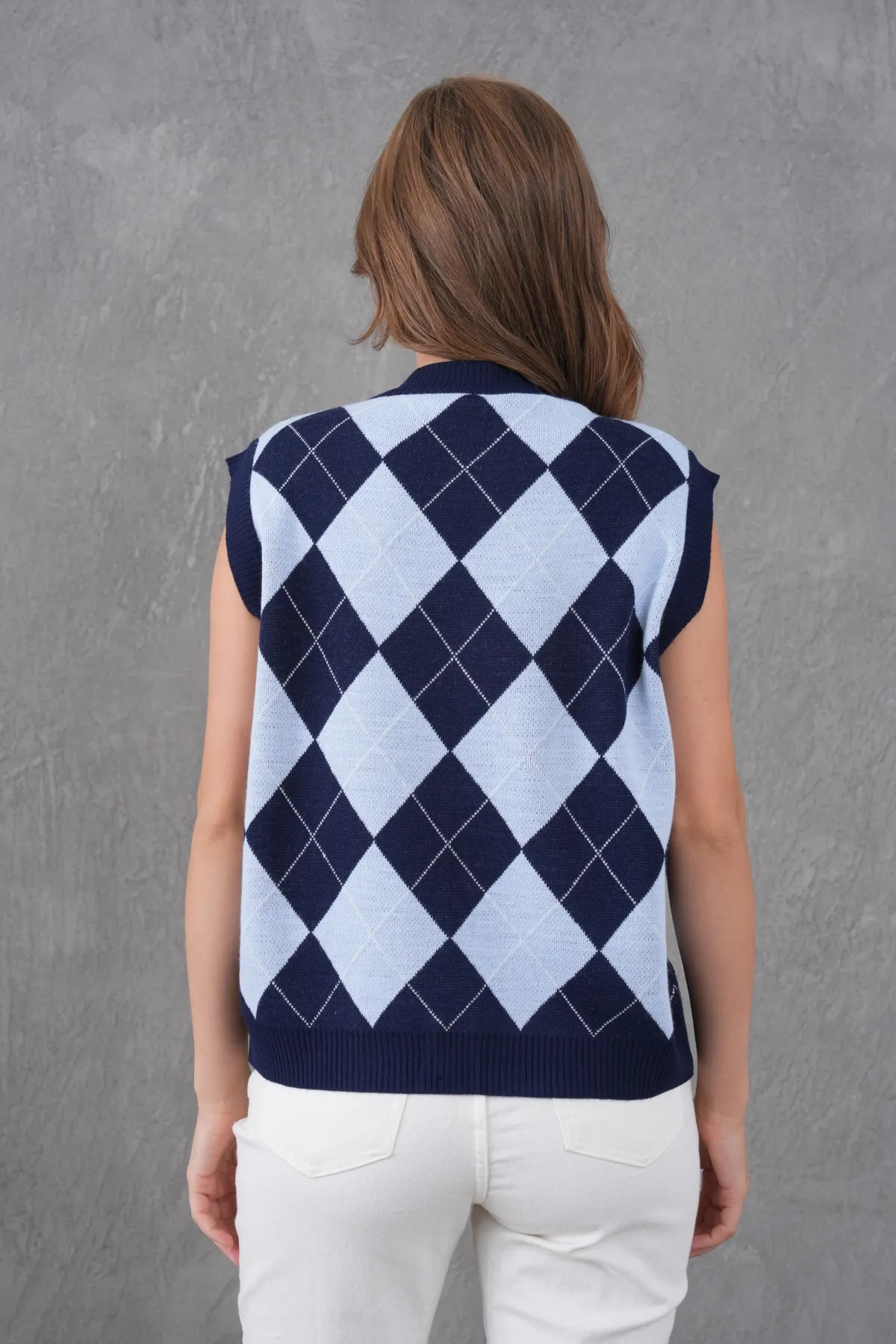 Kadın V Yaka Düğme Kapama Desenli Triko Sweater