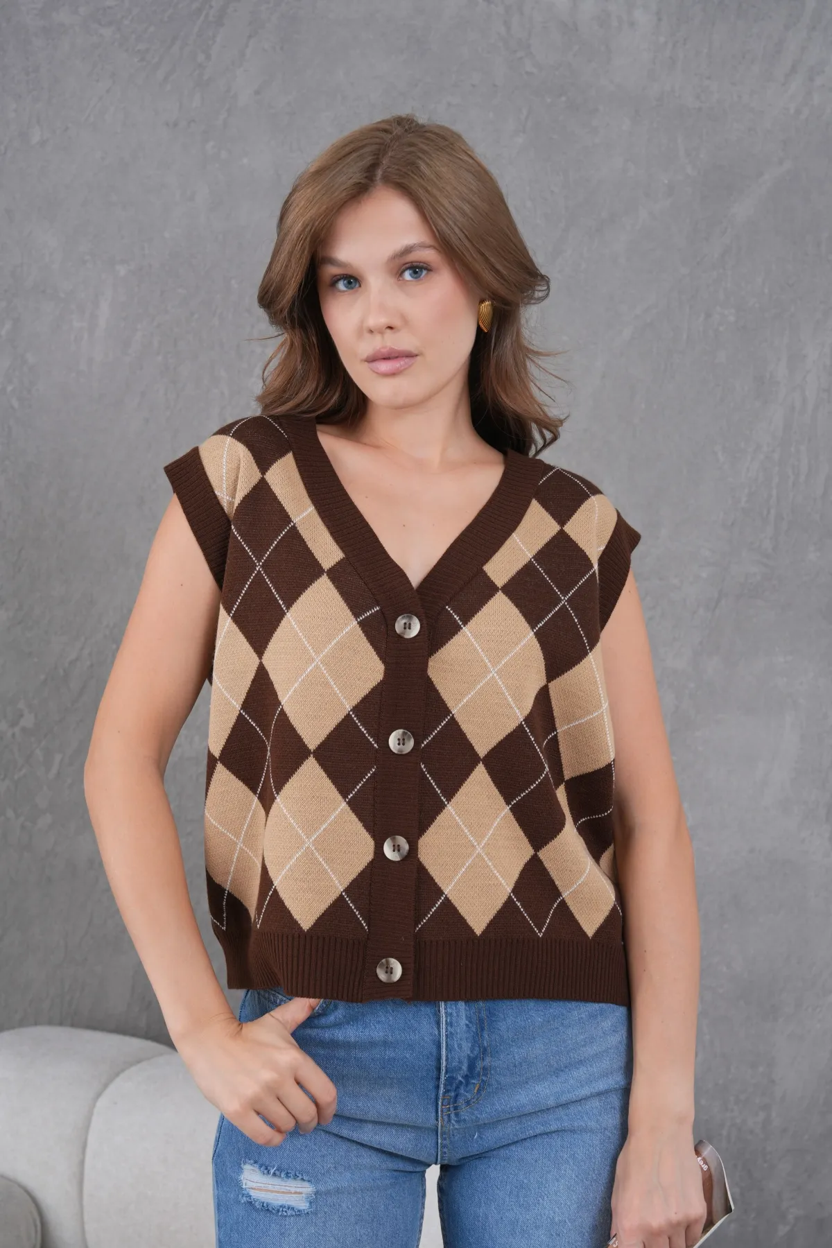 Kadın V Yaka Düğme Kapama Desenli Triko Sweater