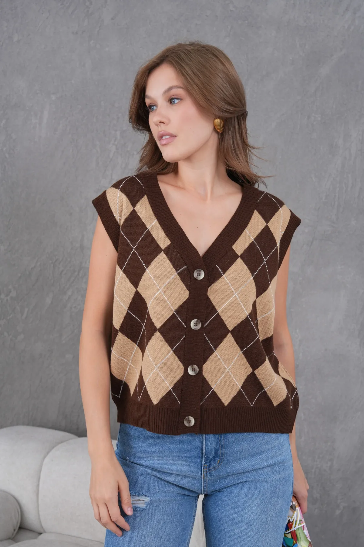 Kadın V Yaka Düğme Kapama Desenli Triko Sweater