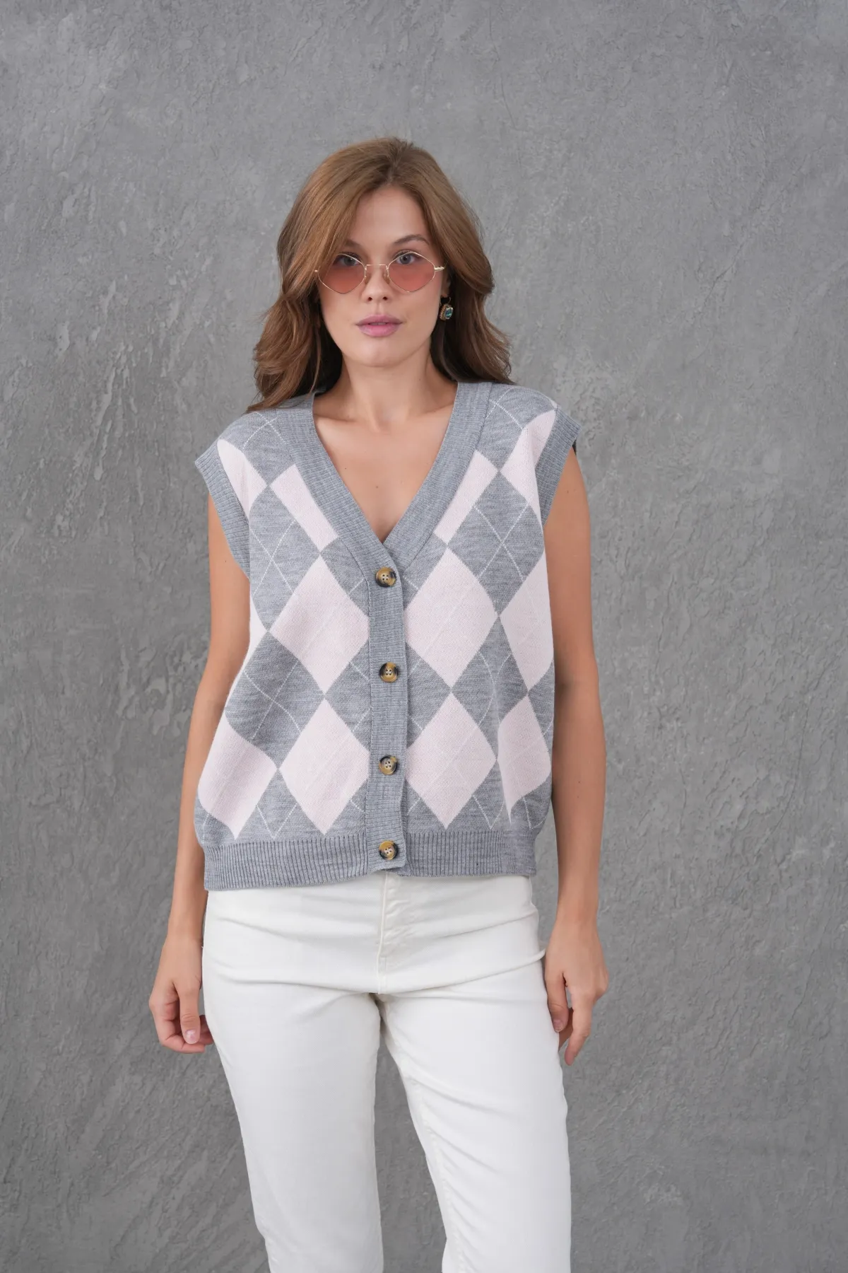 Kadın V Yaka Düğme Kapama Desenli Triko Sweater