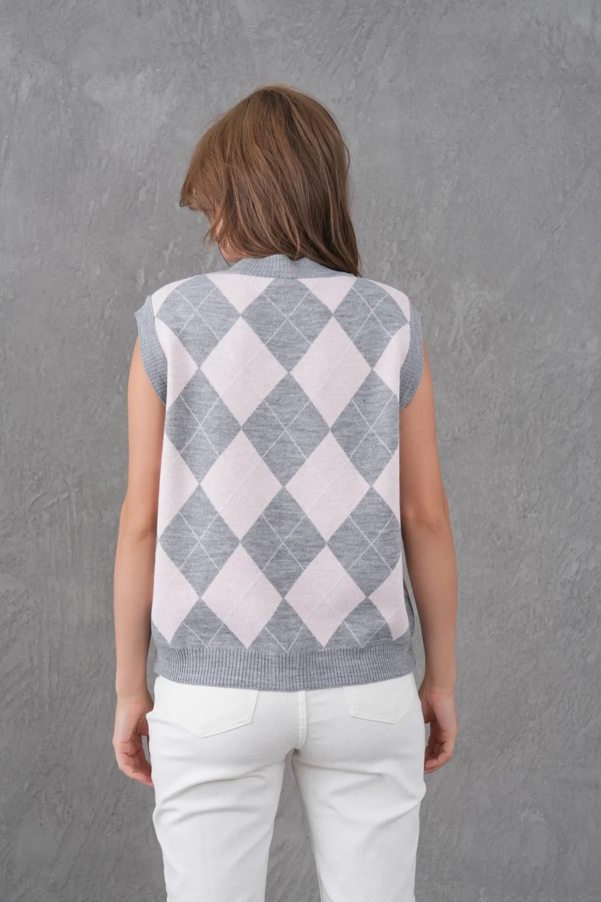 Kadın V Yaka Düğme Kapama Desenli Triko Sweater