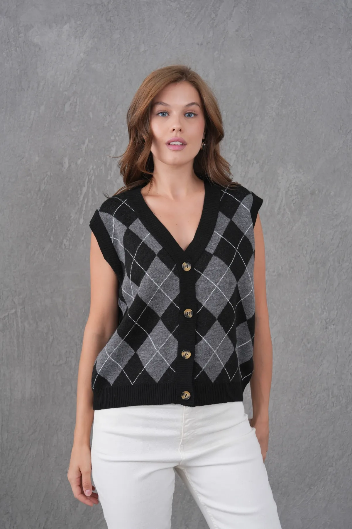 Kadın V Yaka Düğme Kapama Desenli Triko Sweater