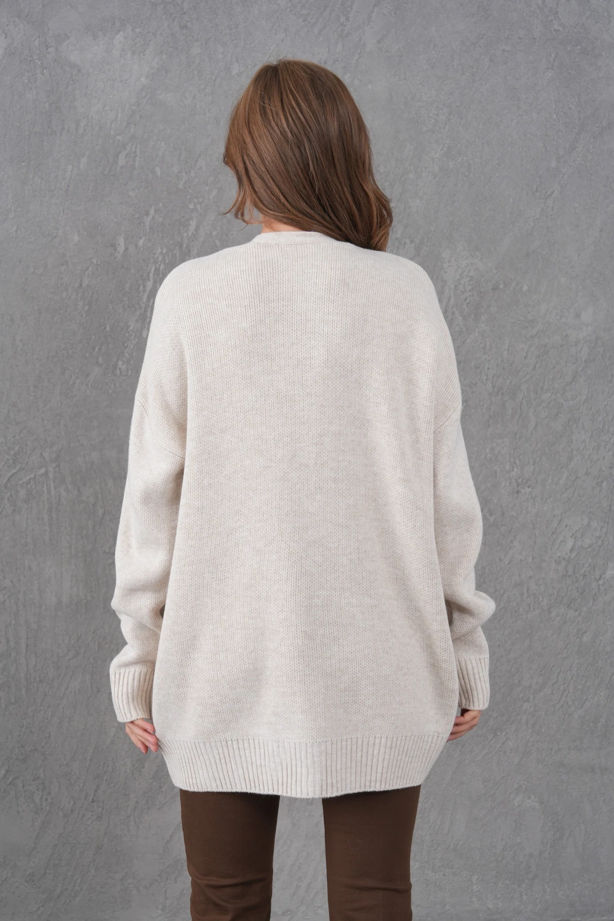 Kadın V Yaka Düğme Kapama Oversize Uzun Triko Hırka 8596