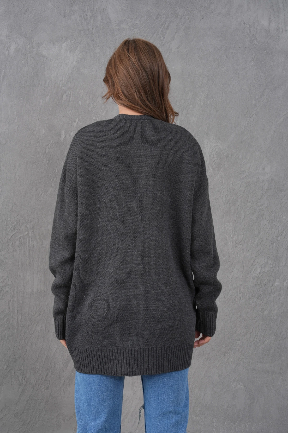 Kadın V Yaka Düğme Kapama Oversize Uzun Triko Hırka 8596